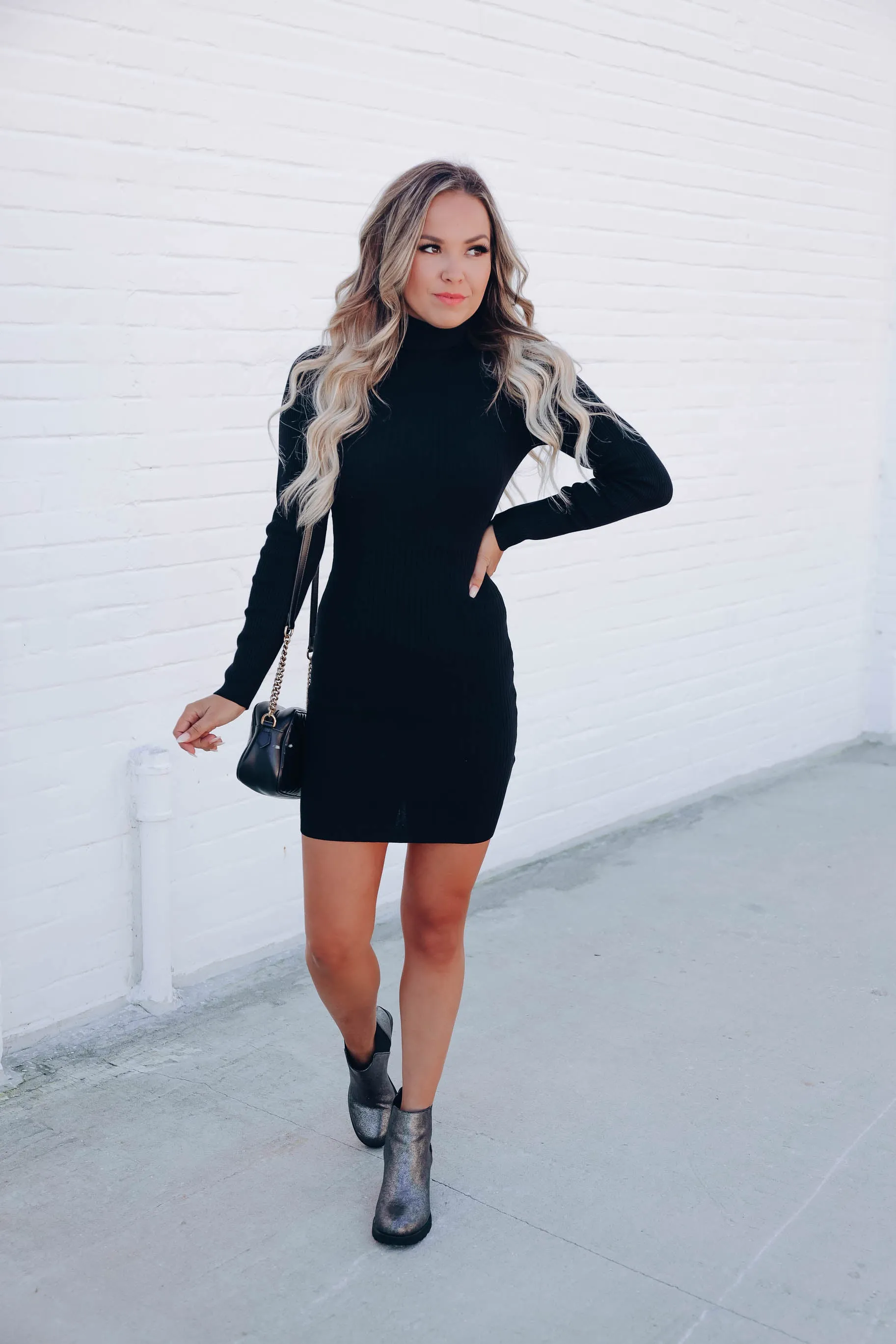 Effortless Style Turtleneck Sweater Dress - Black