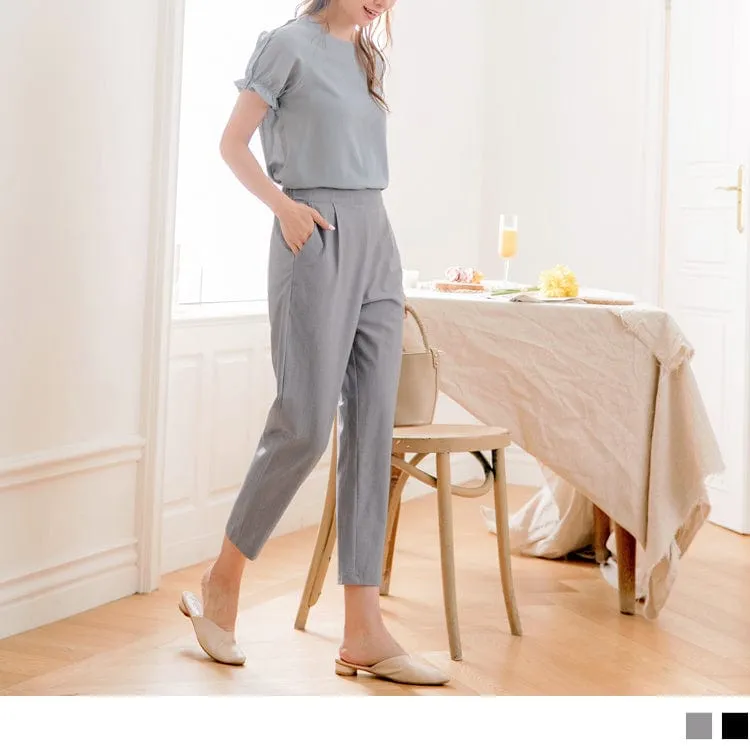 ELEGANT ELASTIC WAIST PLEAT STRAIGHT LONG PANTS