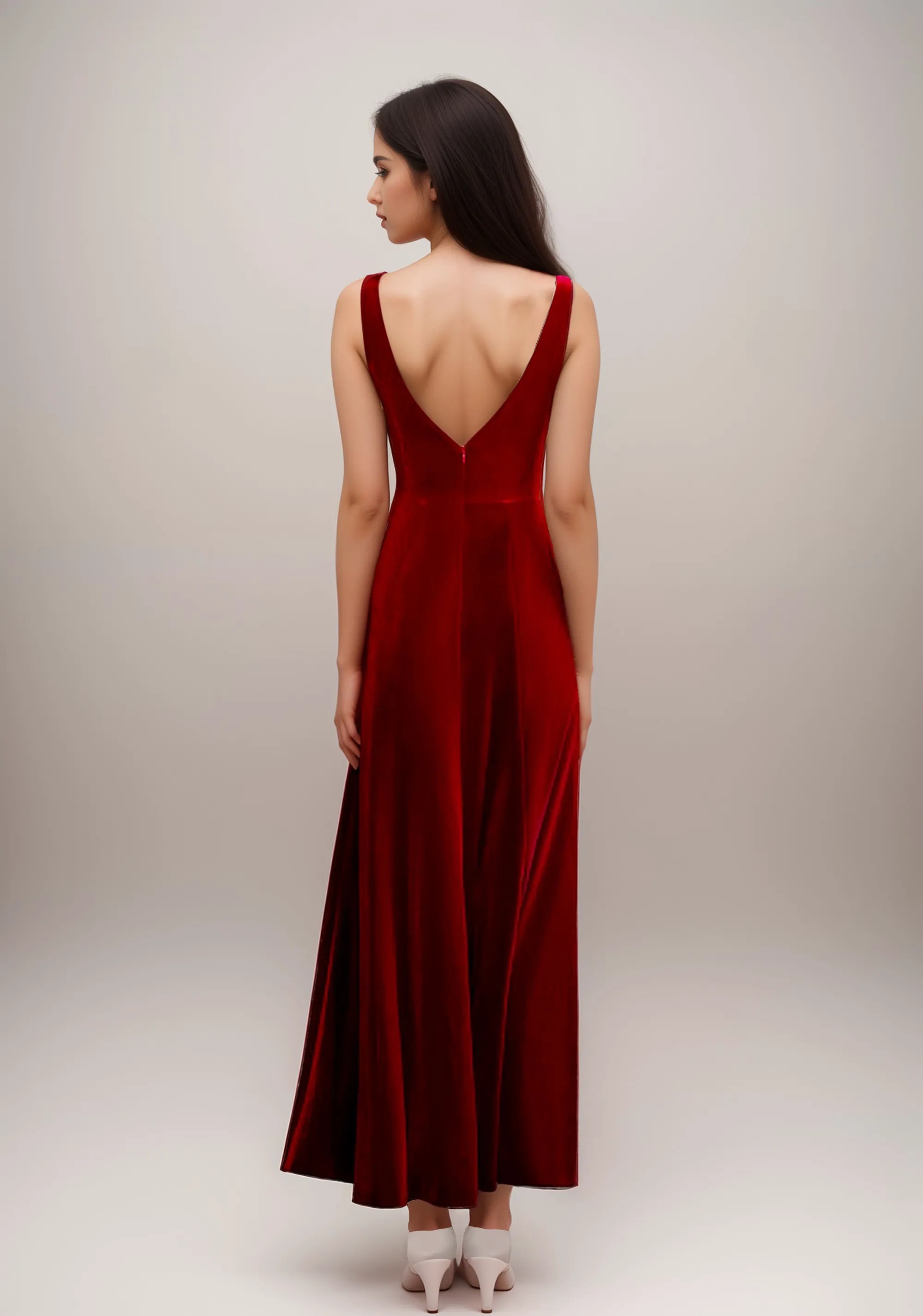 Elegant V-neck low back Sleeveless Hepburn Style long Velvet Dress