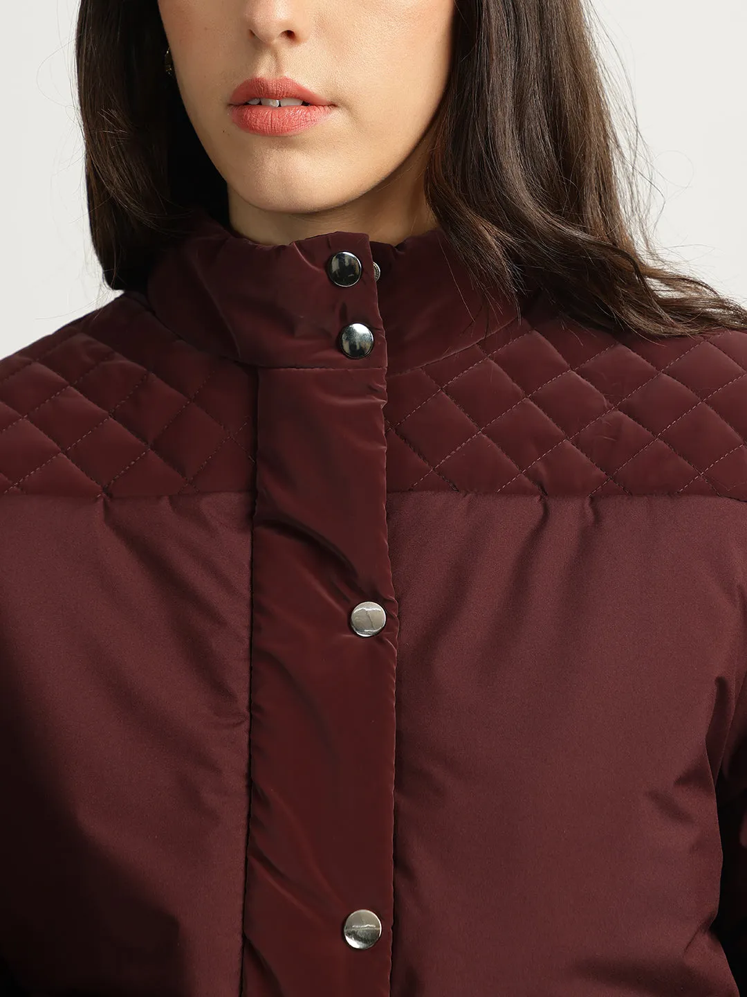 Elle Women Maroon Solid Stand Collar Full Sleeves Quilted Jacket