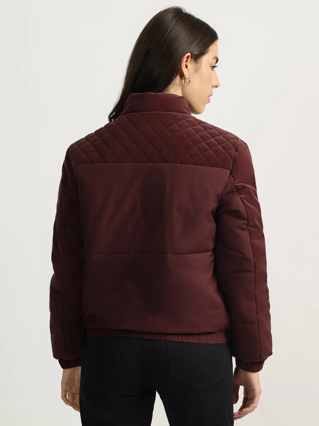 Elle Women Maroon Solid Stand Collar Full Sleeves Quilted Jacket