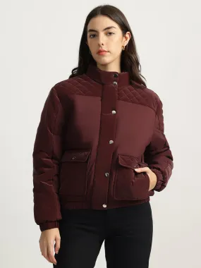 Elle Women Maroon Solid Stand Collar Full Sleeves Quilted Jacket