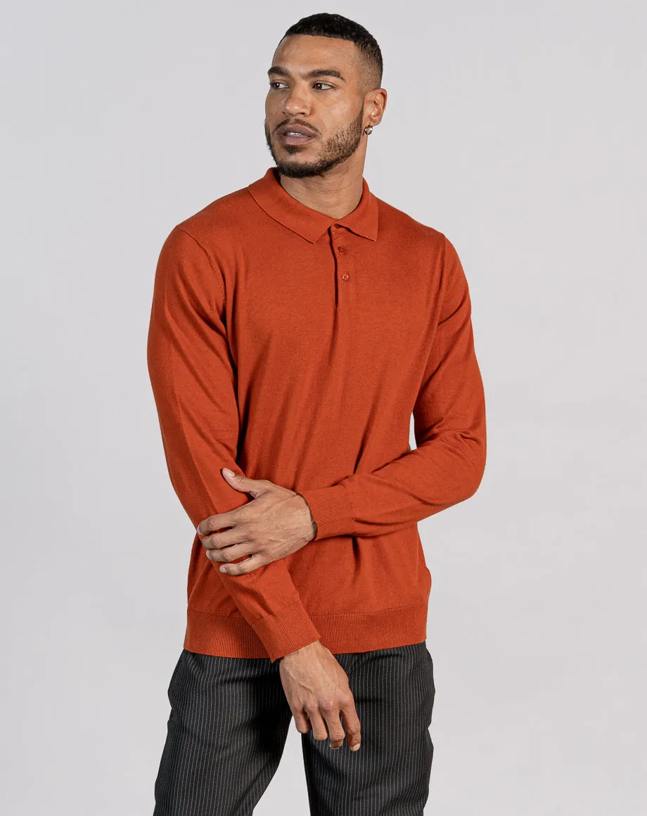 ESSENTIAL LONG SLEEVE KNITTED POLO TOP - ORANGE