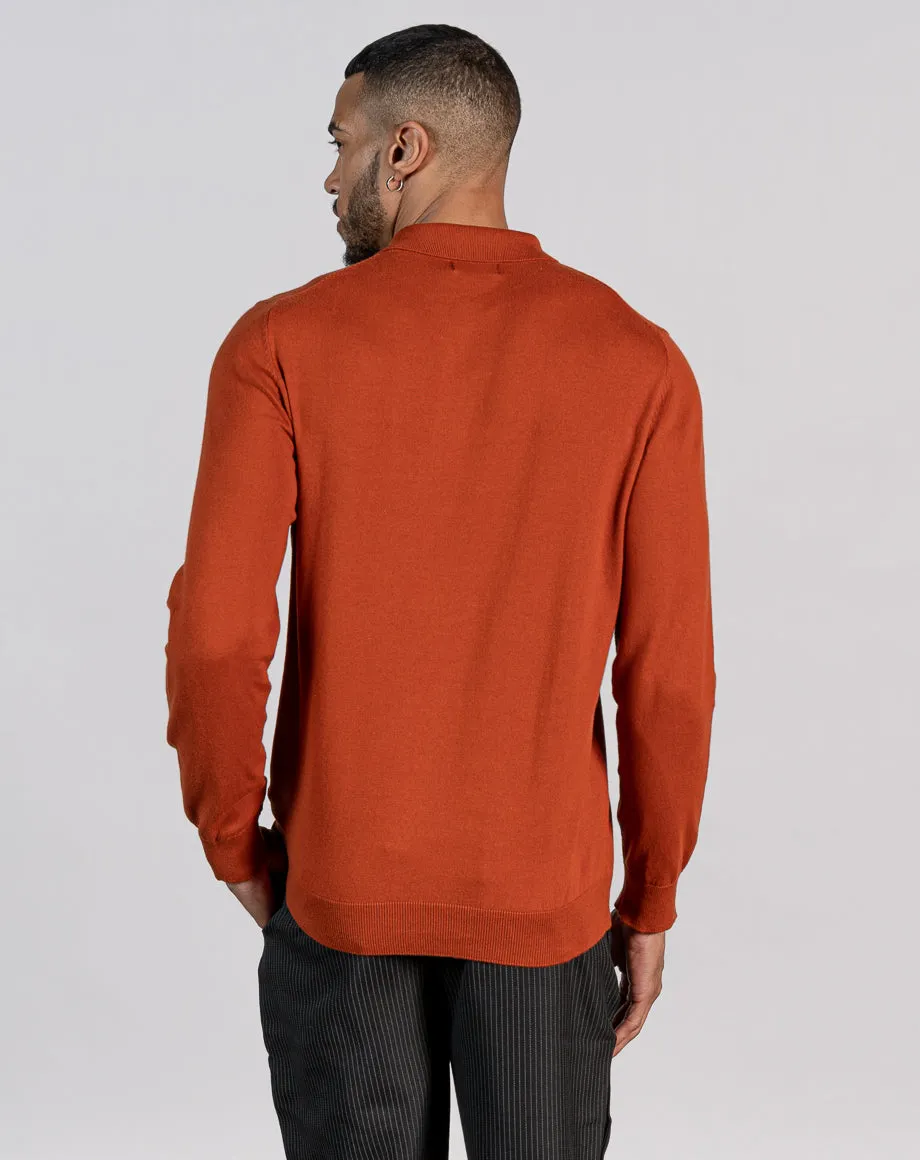 ESSENTIAL LONG SLEEVE KNITTED POLO TOP - ORANGE