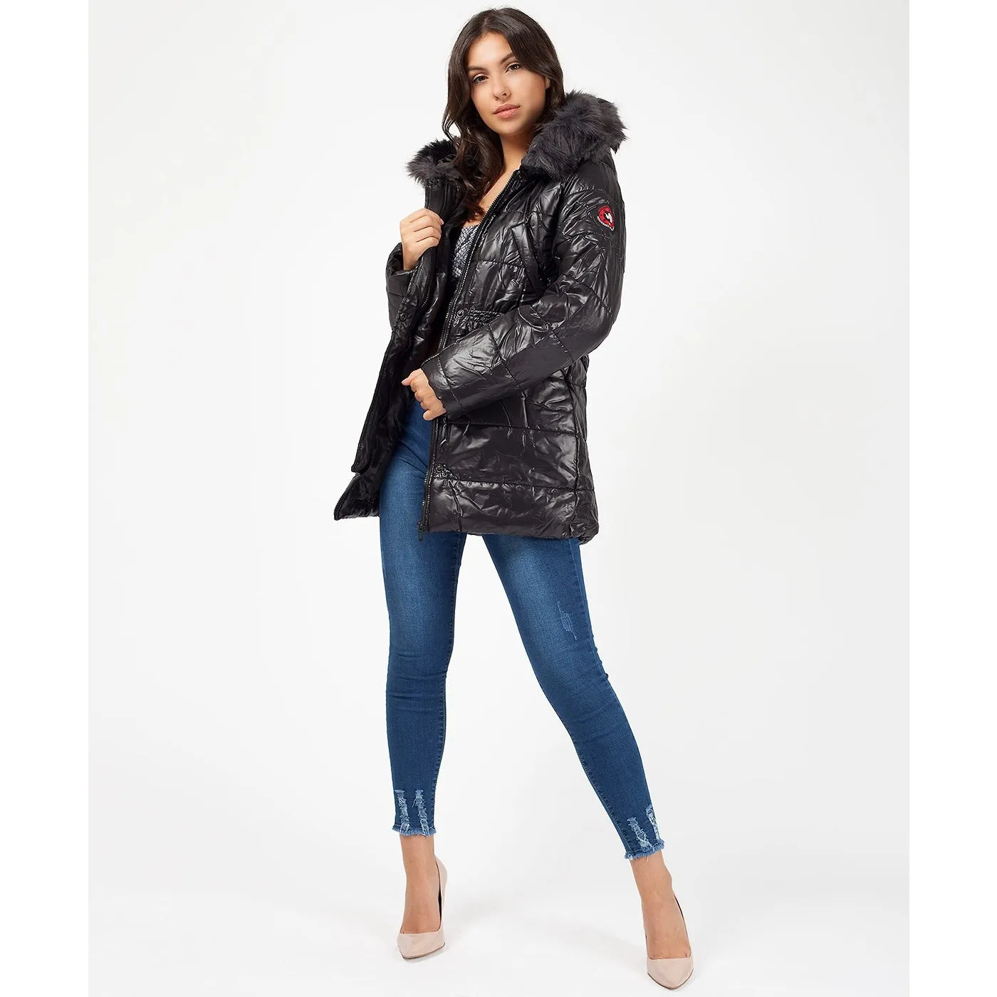 Faux Fur Hood Badge Sleeve Quilted Jacket