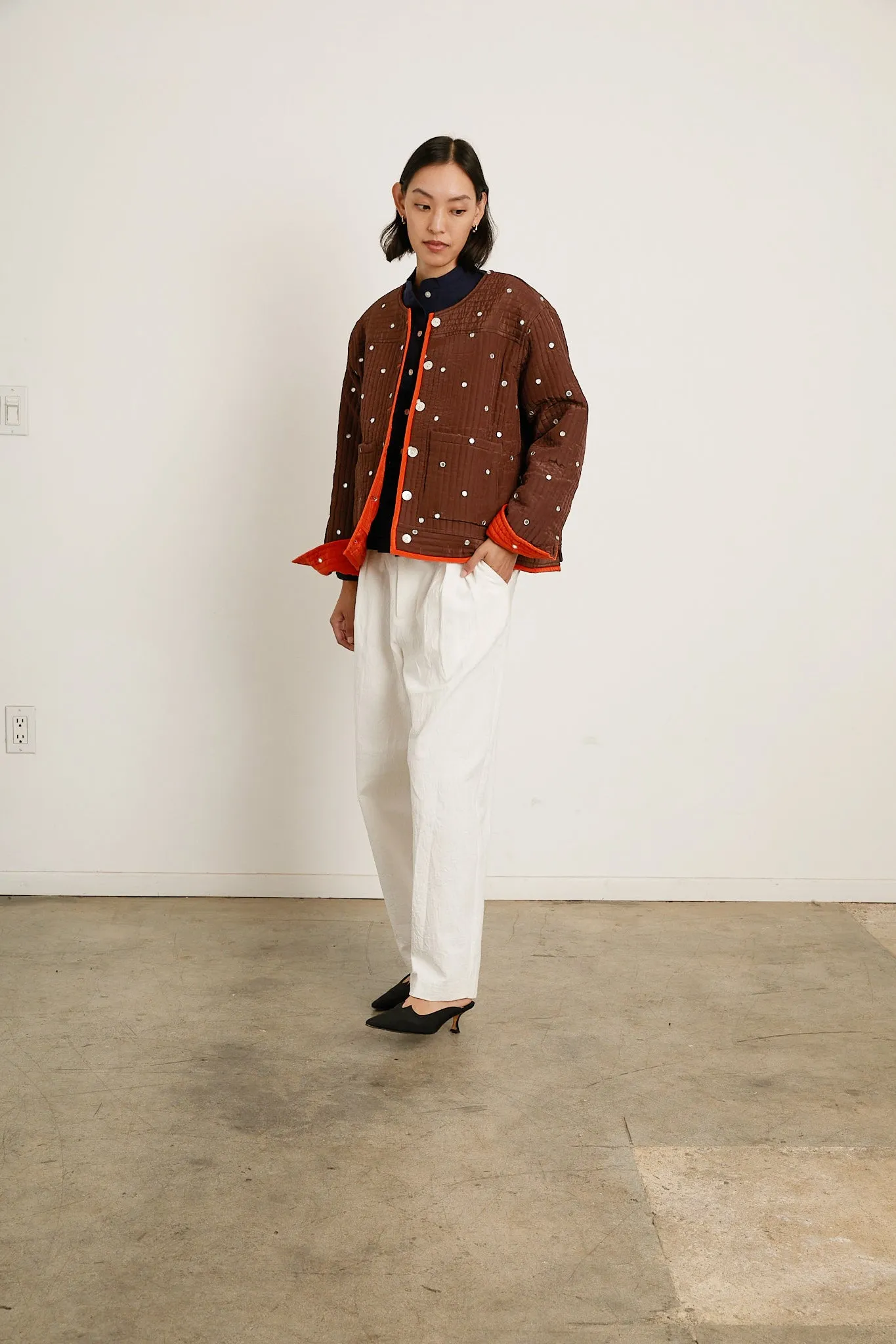 Fein Reversible Jacket with Mirror Embroidery - Chocolate/Tomato