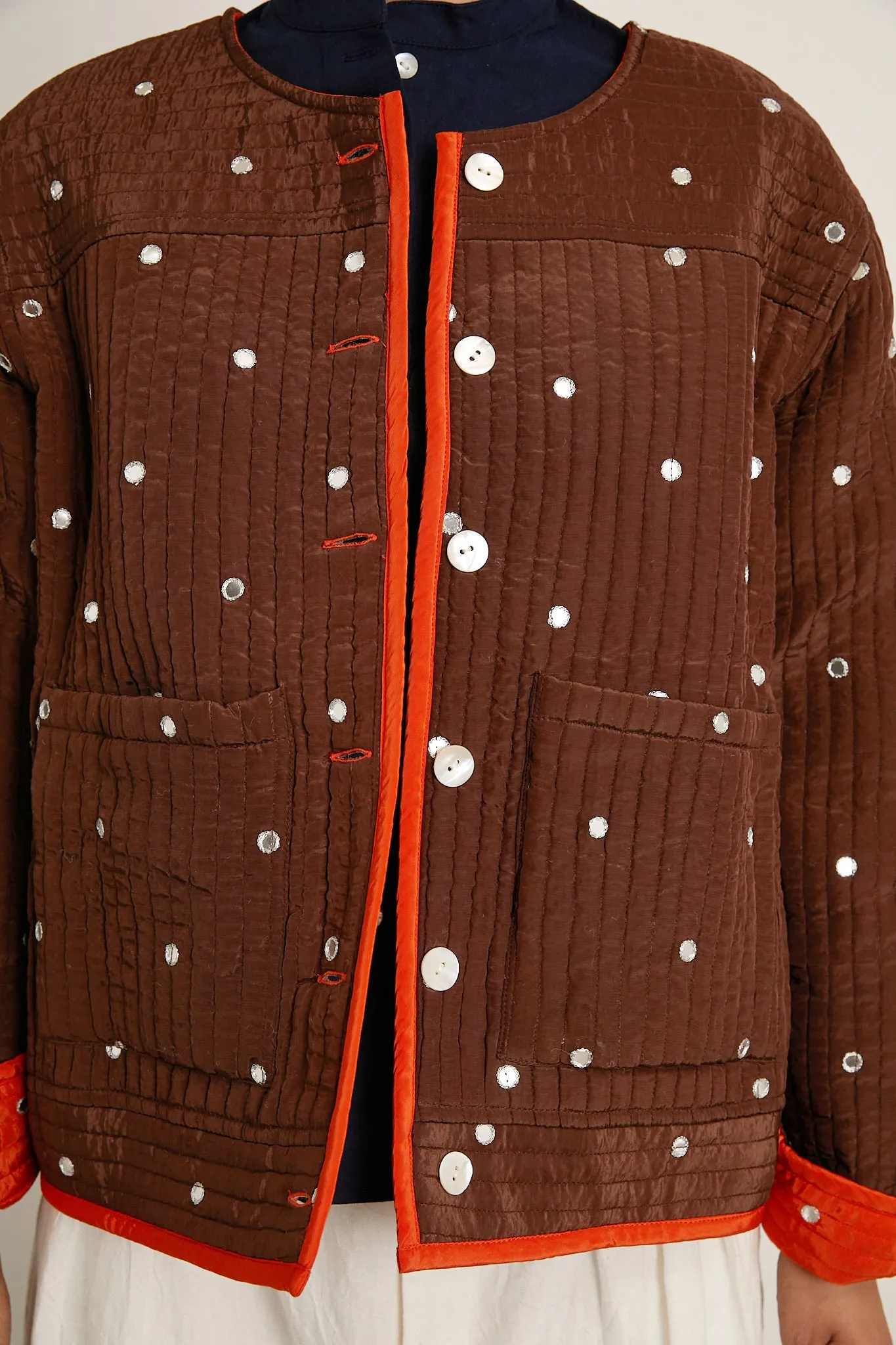 Fein Reversible Jacket with Mirror Embroidery - Chocolate/Tomato