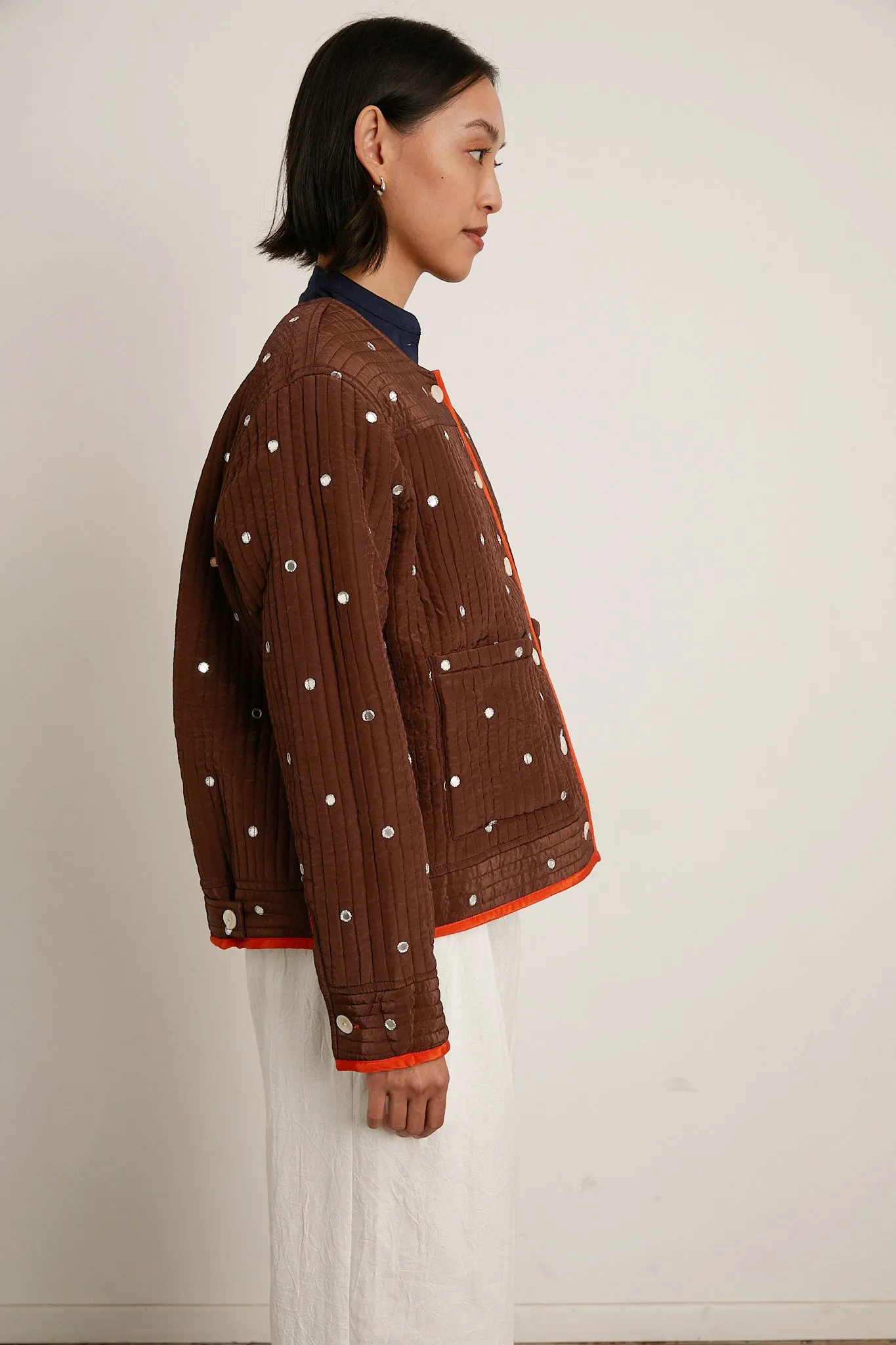 Fein Reversible Jacket with Mirror Embroidery - Chocolate/Tomato