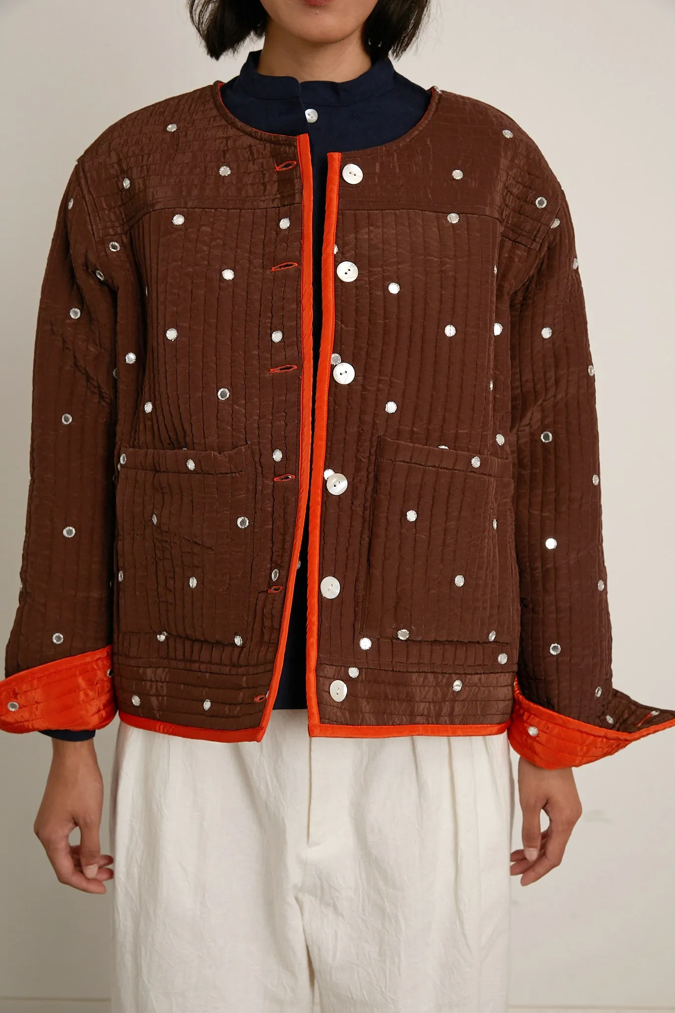 Fein Reversible Jacket with Mirror Embroidery - Chocolate/Tomato