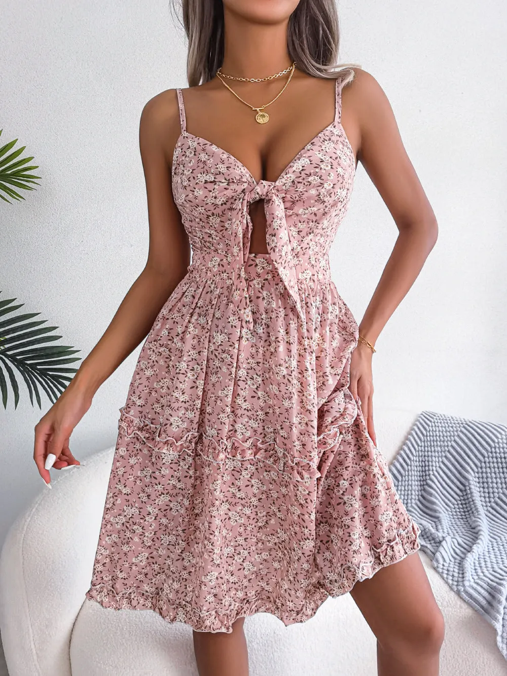 Floral Bow Tie V-neck Ruffle Hem Spaghetti Strap Midi Dress