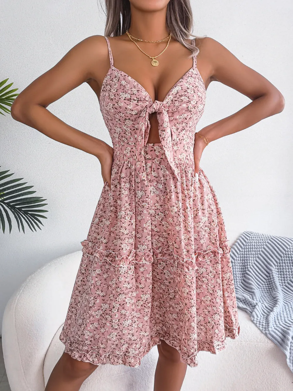 Floral Bow Tie V-neck Ruffle Hem Spaghetti Strap Midi Dress