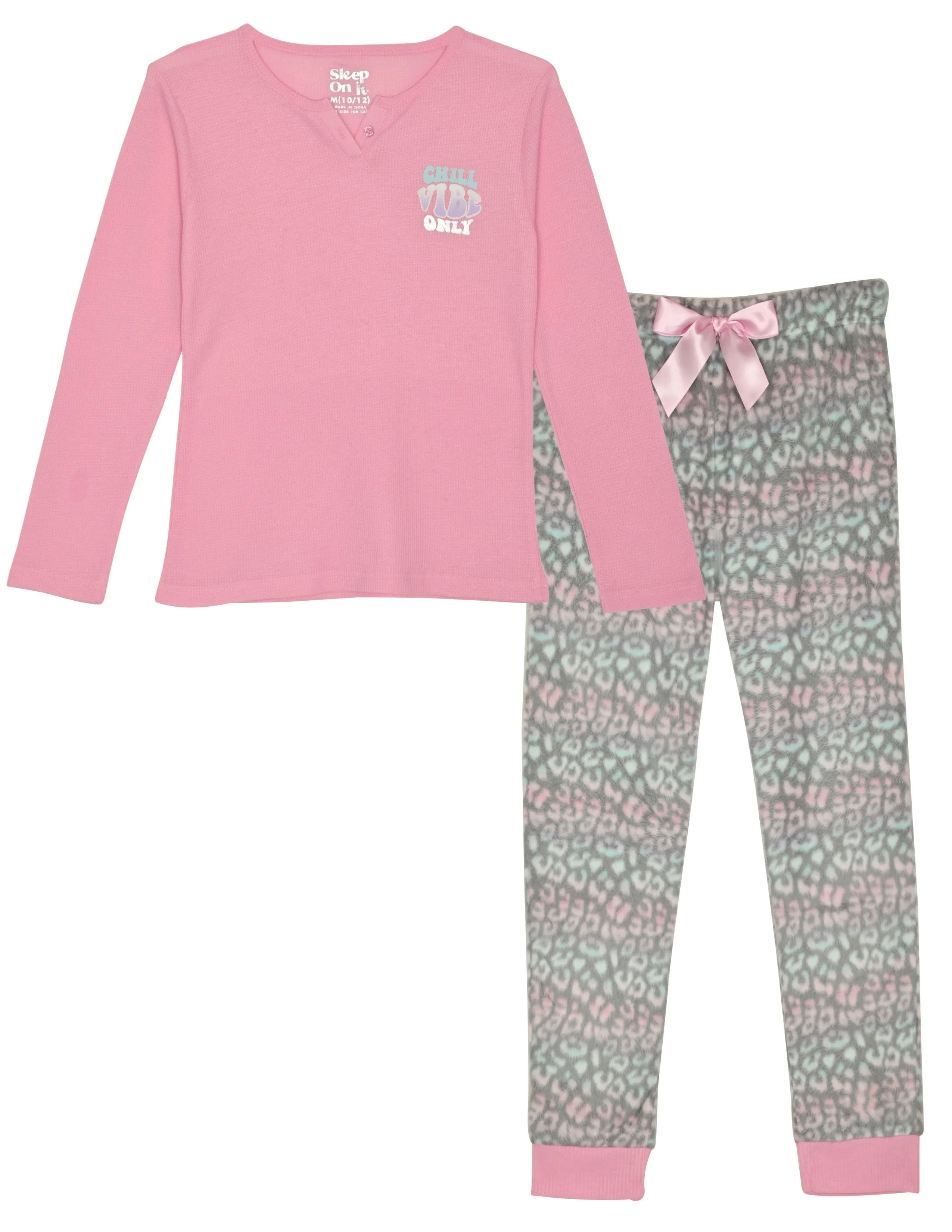 Girls 2-Piece Fleece Pajama Sets- Chill Vibes Only, Pink & Grey Pajama Set for Girls