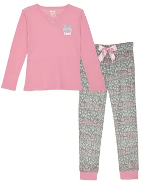 Girls 2-Piece Fleece Pajama Sets- Chill Vibes Only, Pink & Grey Pajama Set for Girls