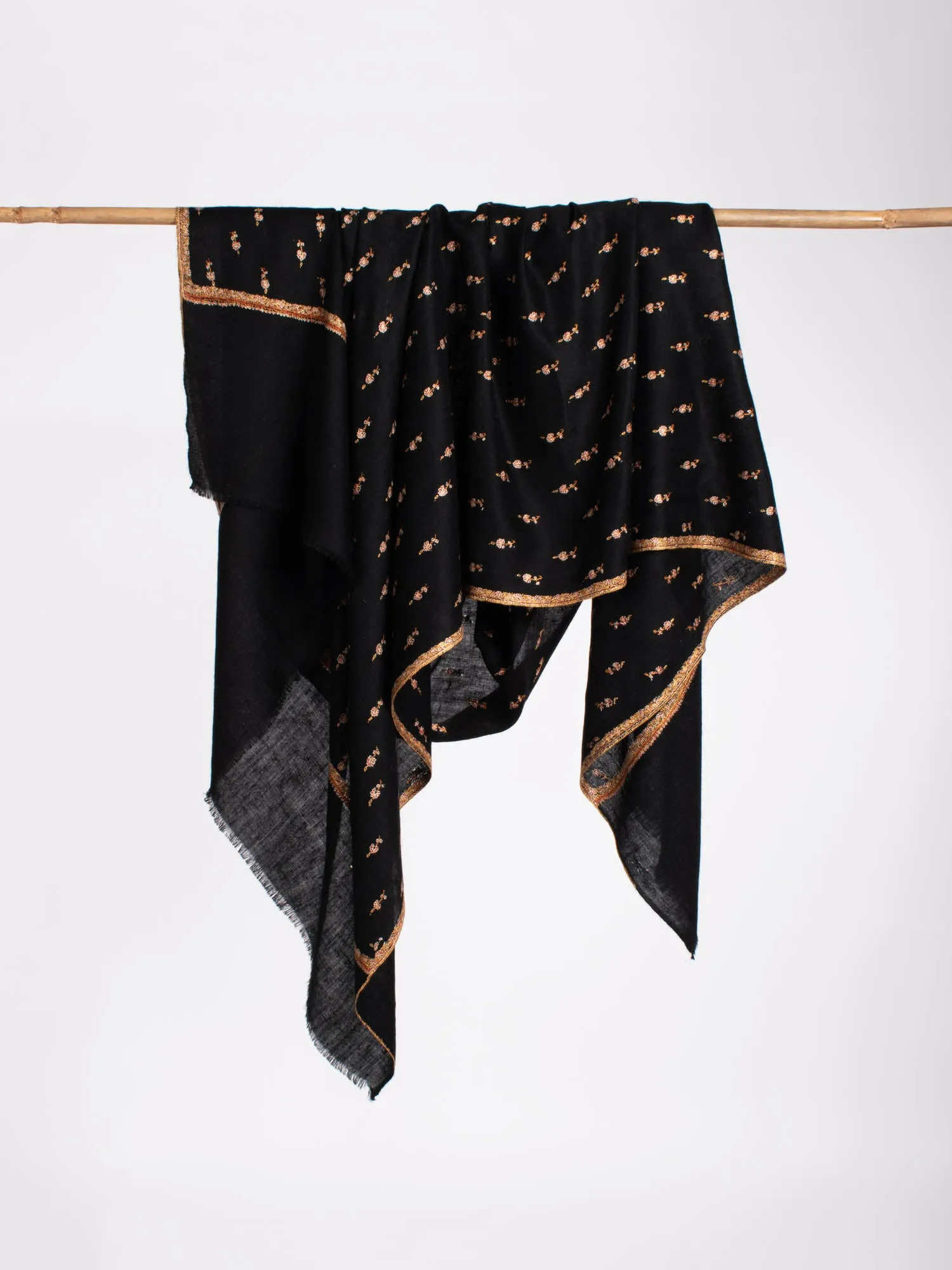 Gold and Black Buteh Kashmiri Cashmere Scarf - LOVELAND