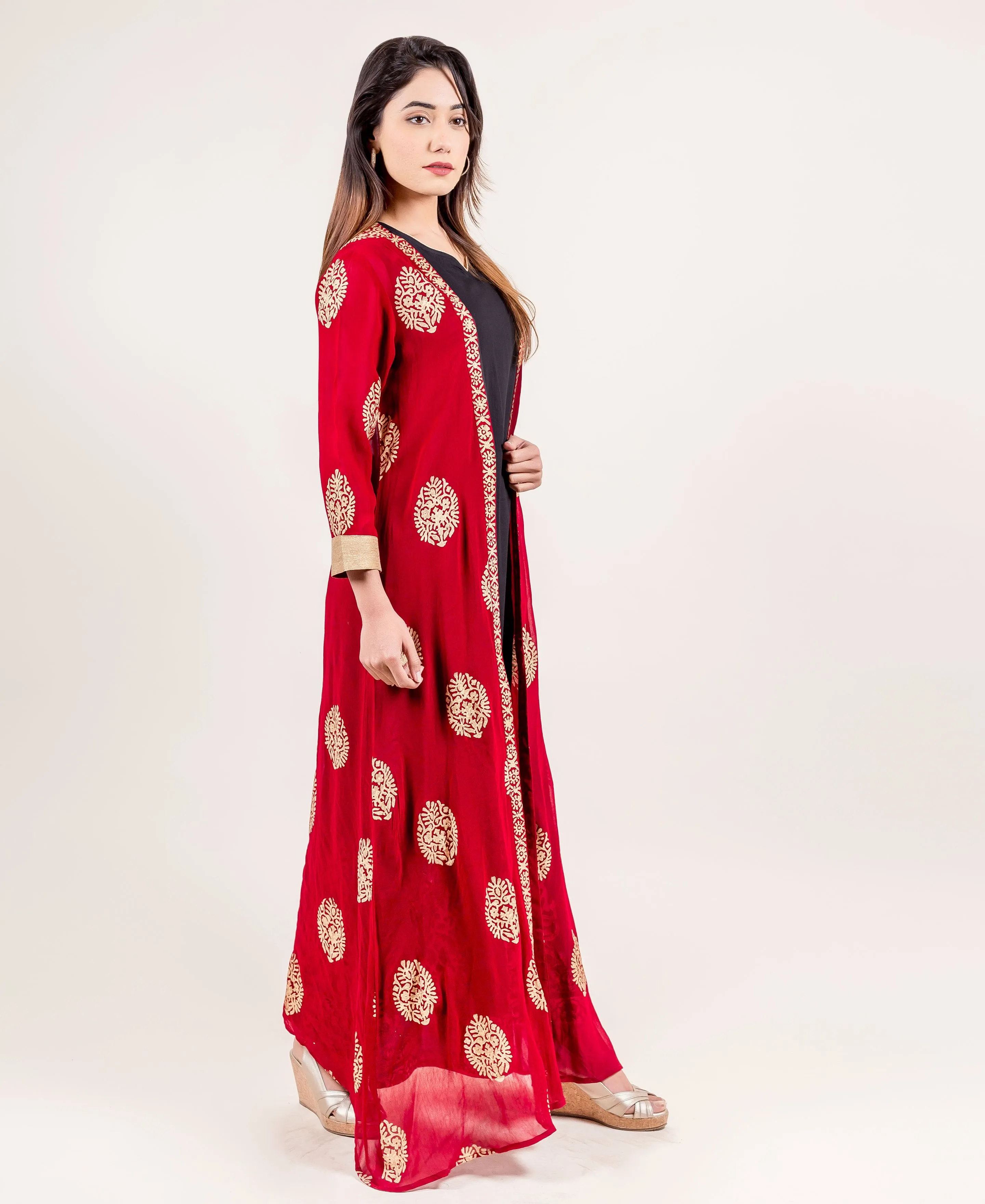 Gold Printed Designer Jacket Style Long Georgette Indo Western Dress