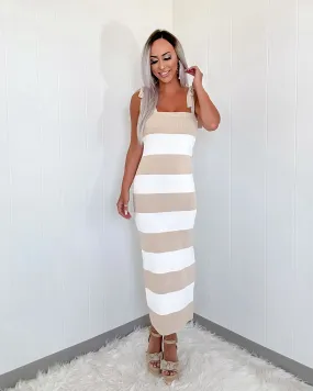 Graceful Bow Stripe Maxi Dress - Light Taupe