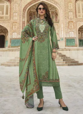 Green Pure Pashmina Unstitched Winter Suit Dress Material for Women