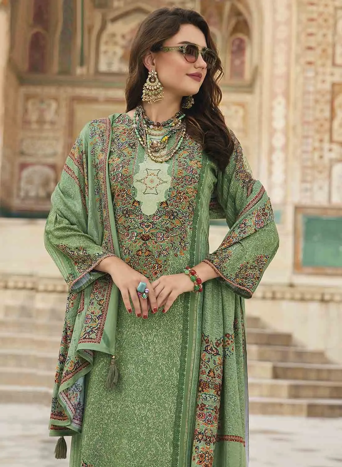 Green Pure Pashmina Unstitched Winter Suit Dress Material for Women