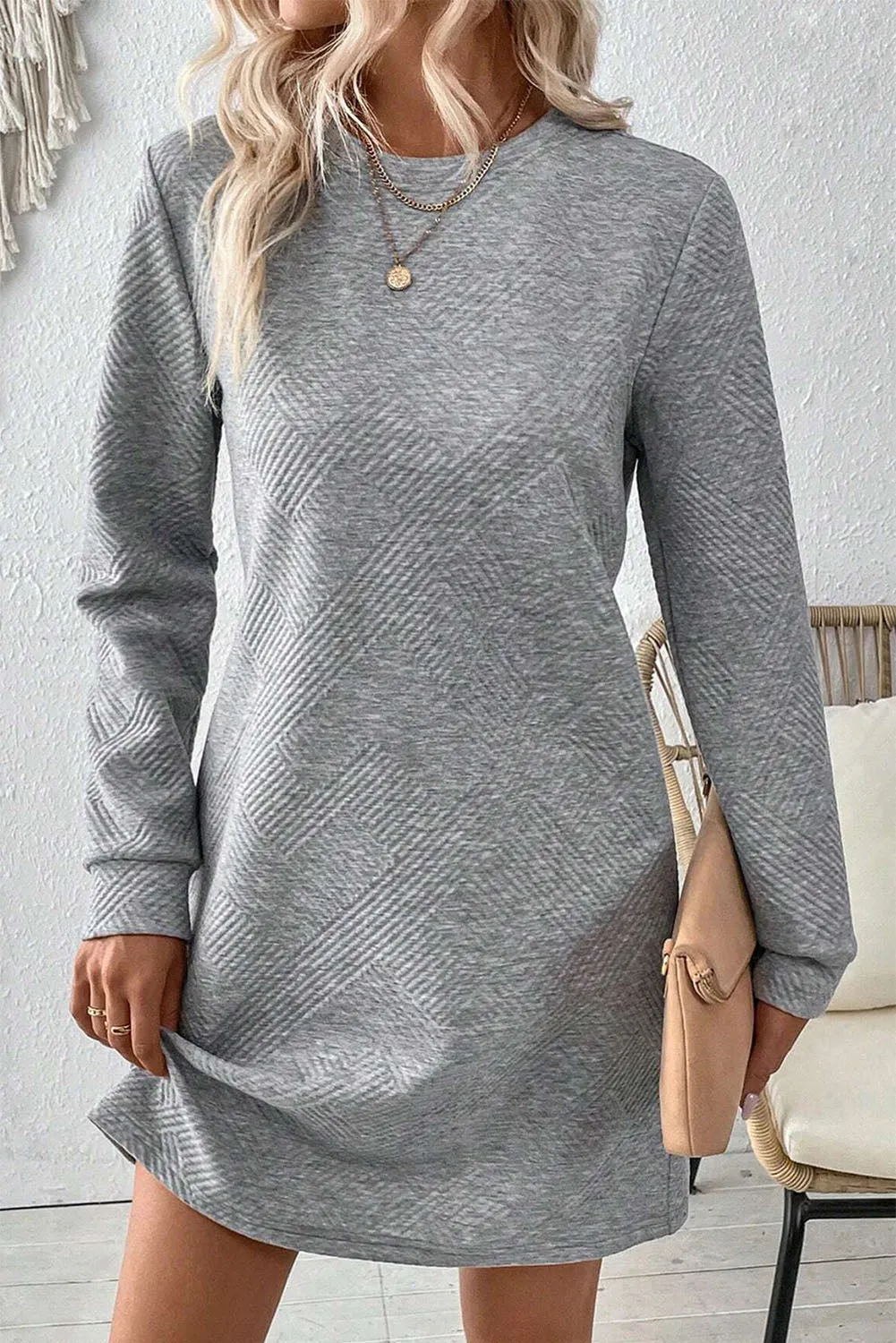 Grey Solid Colour Textured Long Sleeve Shift Dress