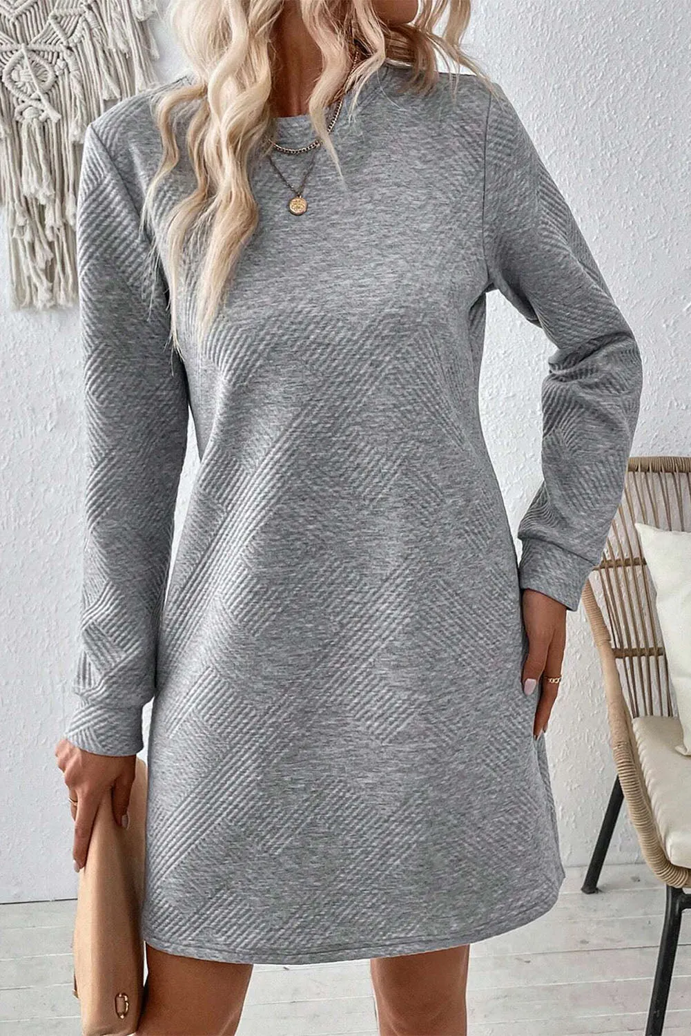 Grey Solid Colour Textured Long Sleeve Shift Dress