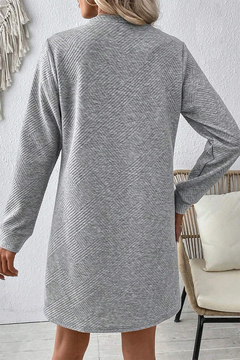 Grey Solid Colour Textured Long Sleeve Shift Dress