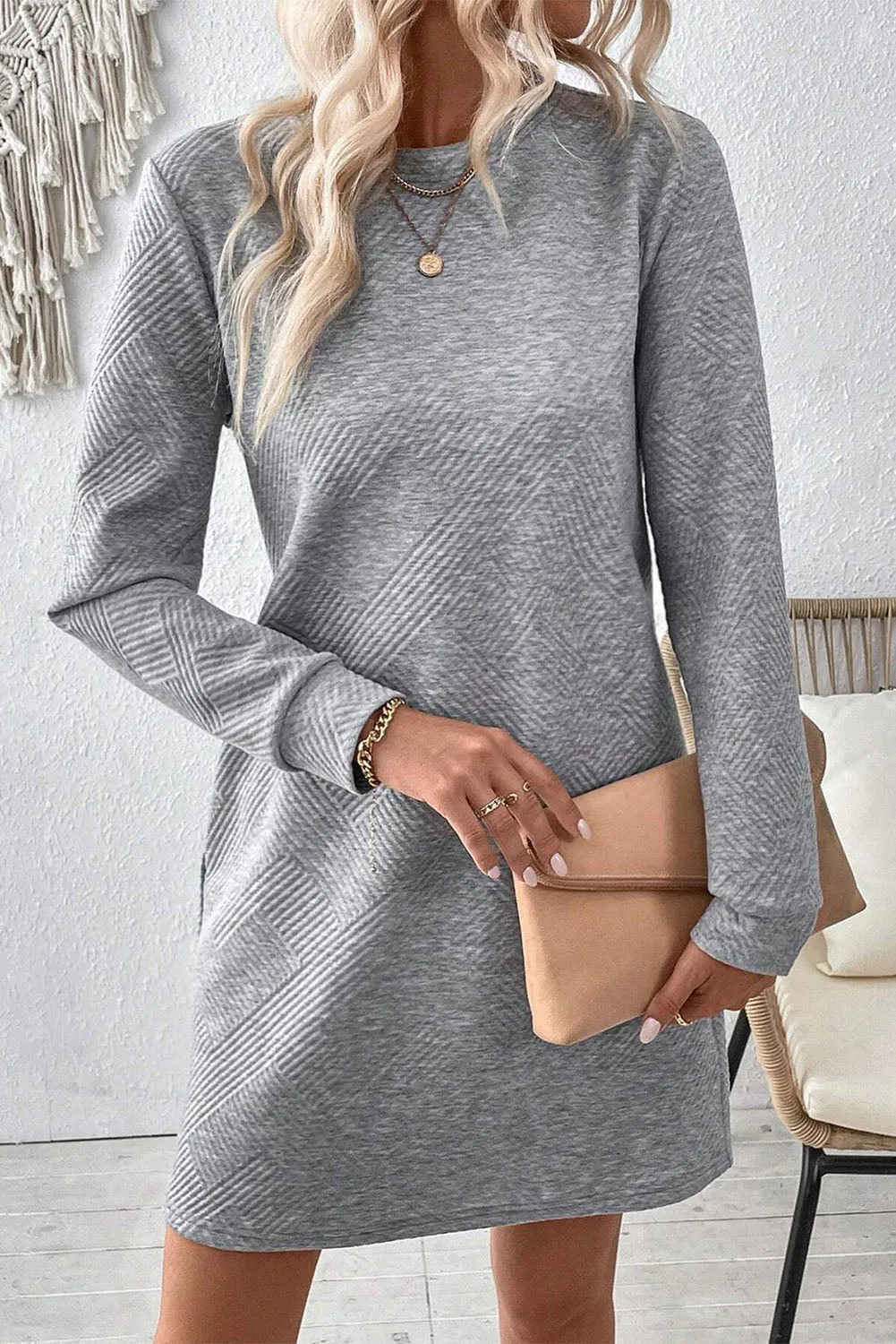 Grey Solid Colour Textured Long Sleeve Shift Dress