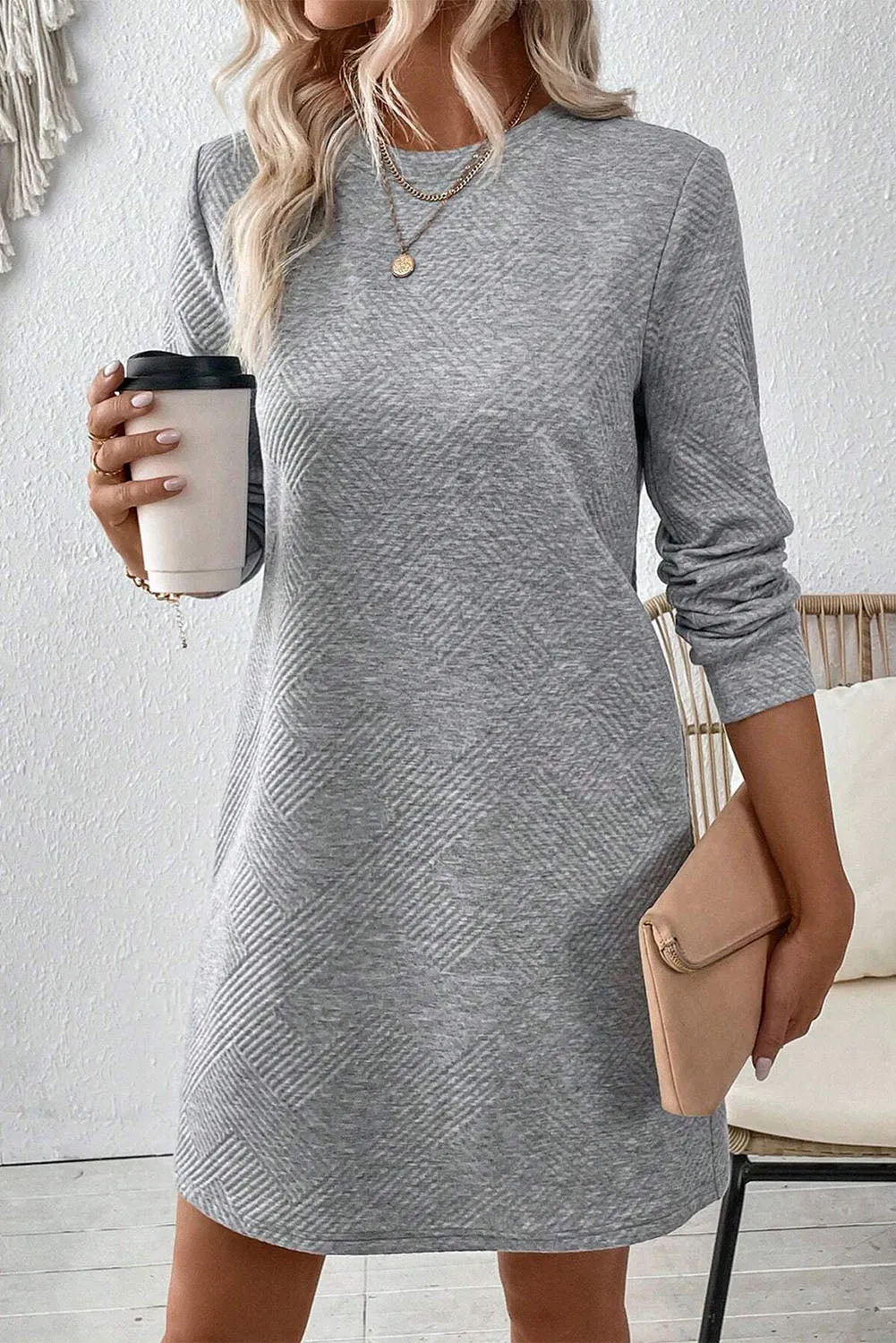 Grey Solid Colour Textured Long Sleeve Shift Dress