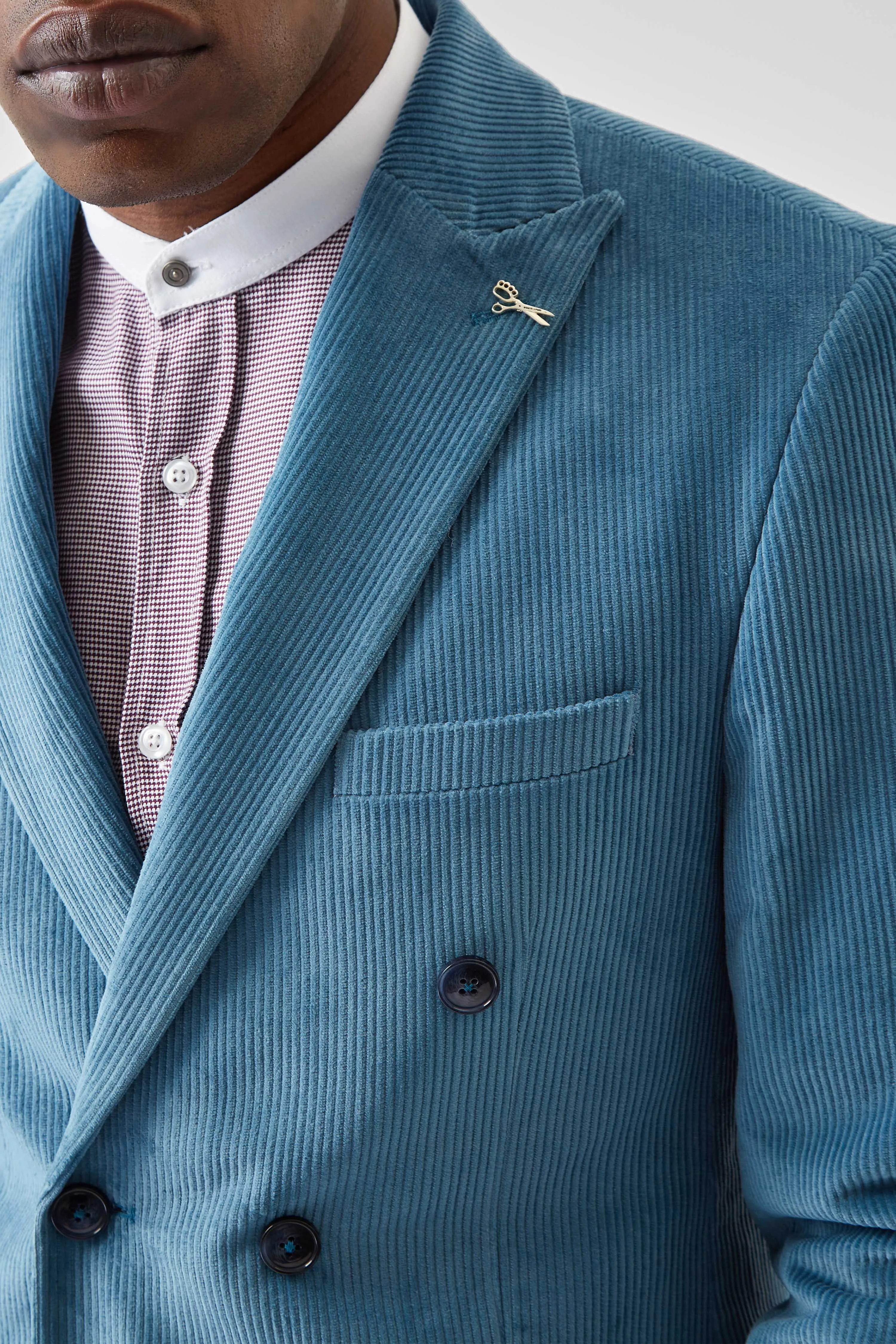 Harlesden Slim Fit Blue Corduroy Double Breasted Jacket - ARCHIVE