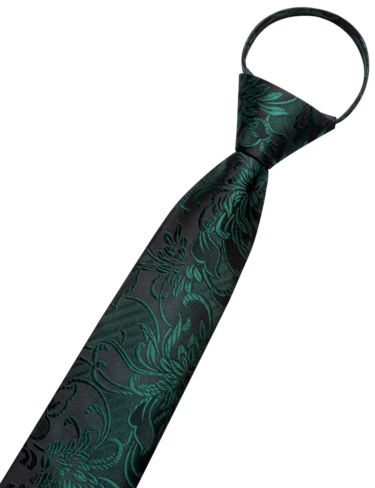 Hi-Tie Dark Green Zipper Ties Black Floral Men's Easy to Wear Tie Set