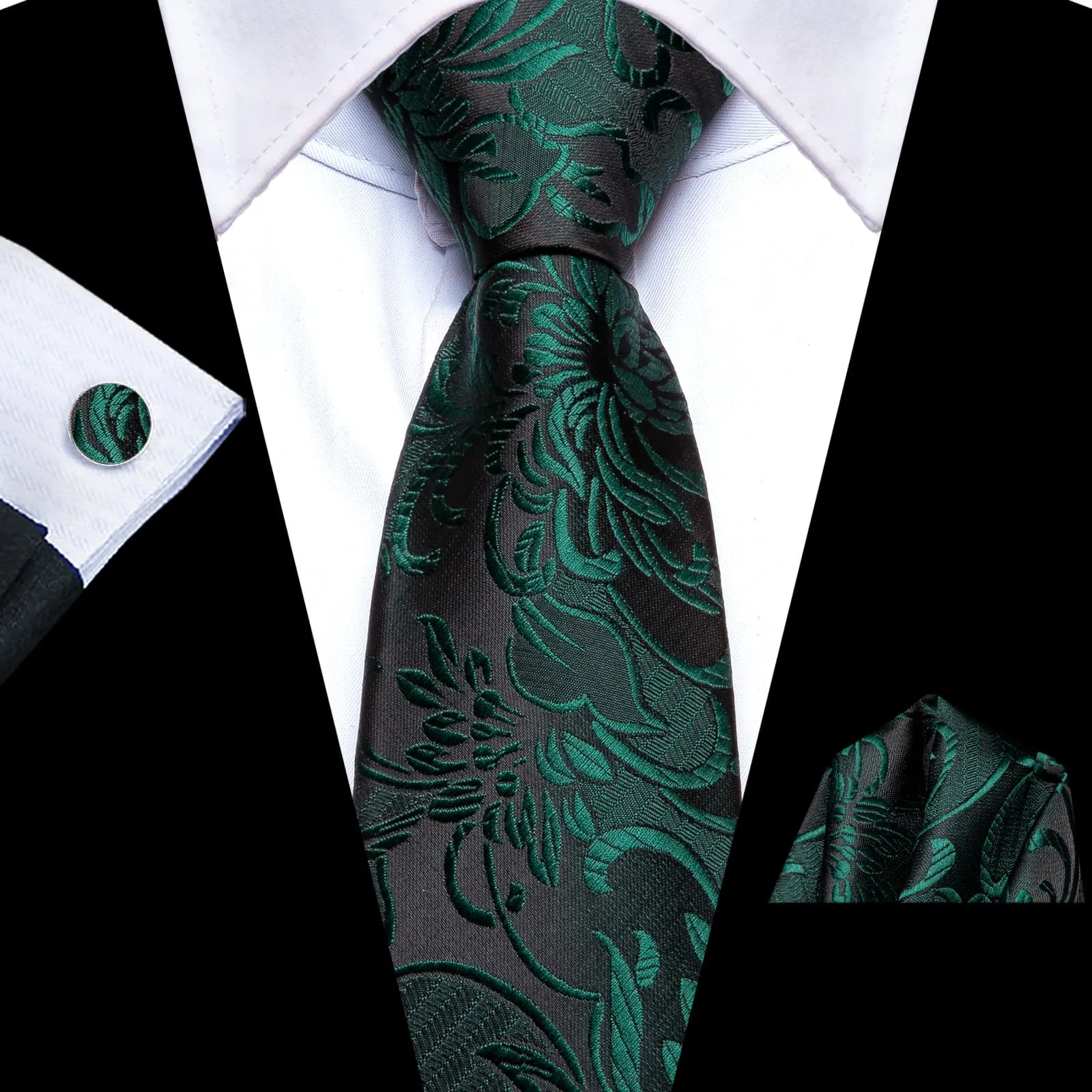 Hi-Tie Dark Green Zipper Ties Black Floral Men's Easy to Wear Tie Set