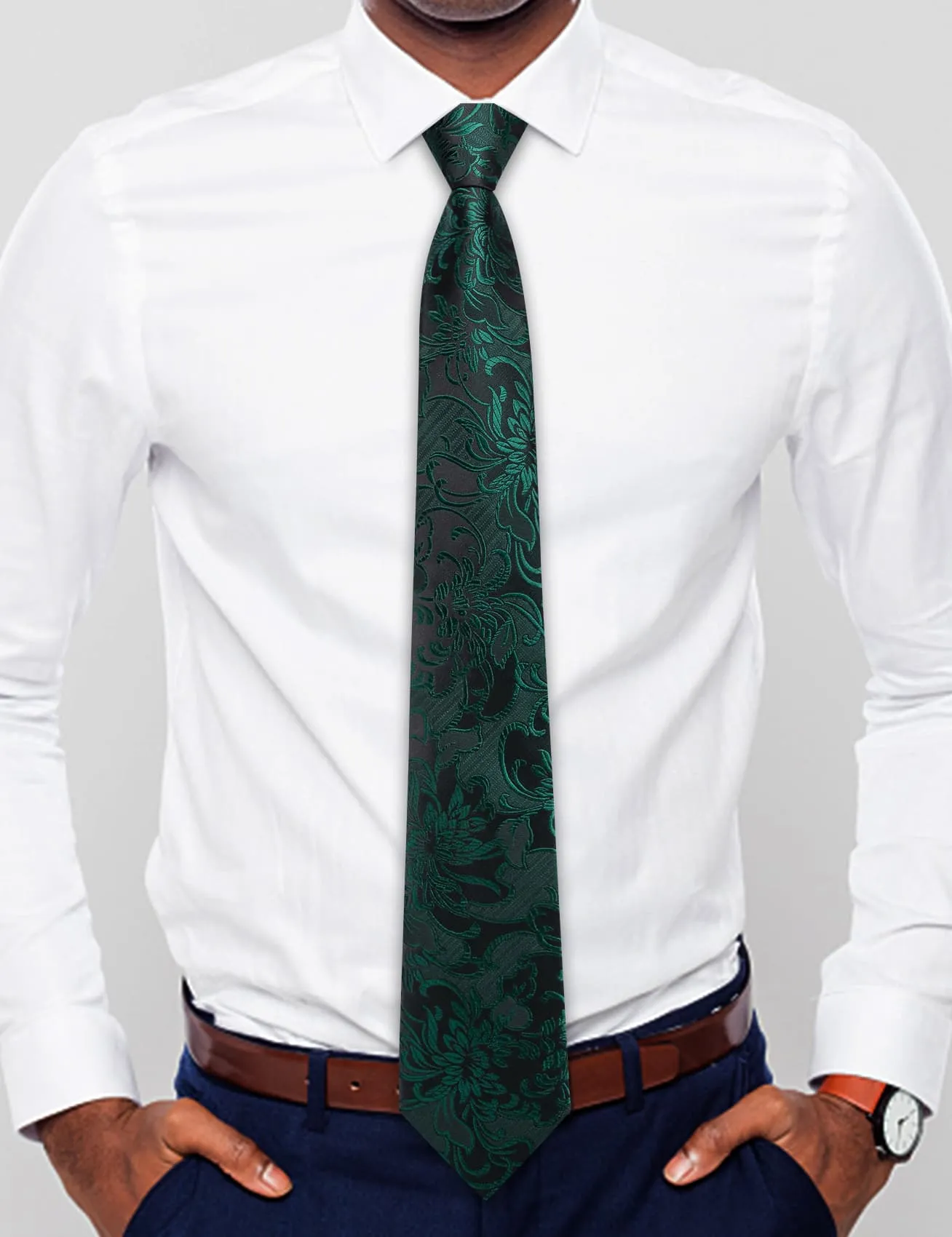 Hi-Tie Dark Green Zipper Ties Black Floral Men's Easy to Wear Tie Set