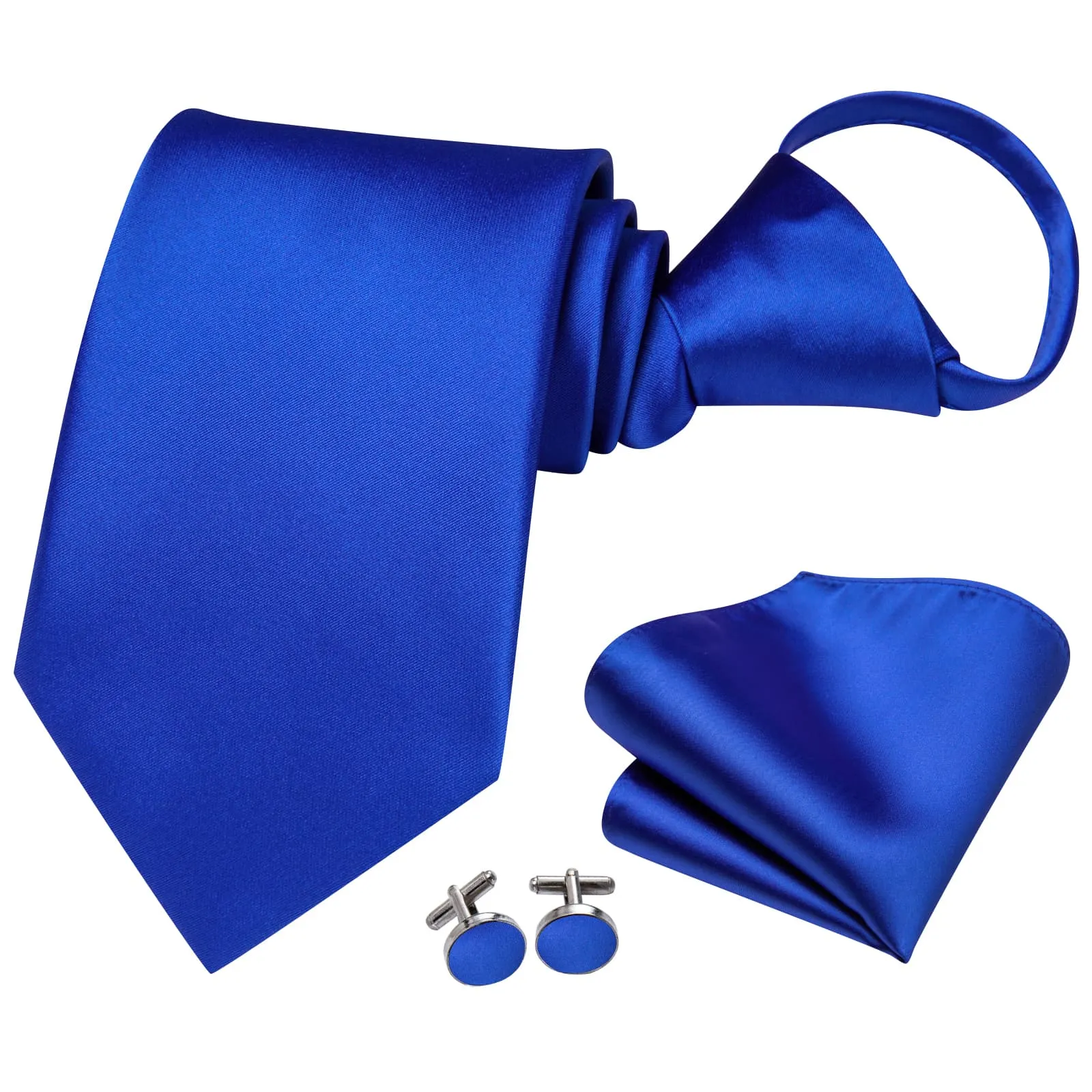 Hi-Tie Easy to Wear Necktie Men's Blue Solid Tie Hanky Cufflinks Set