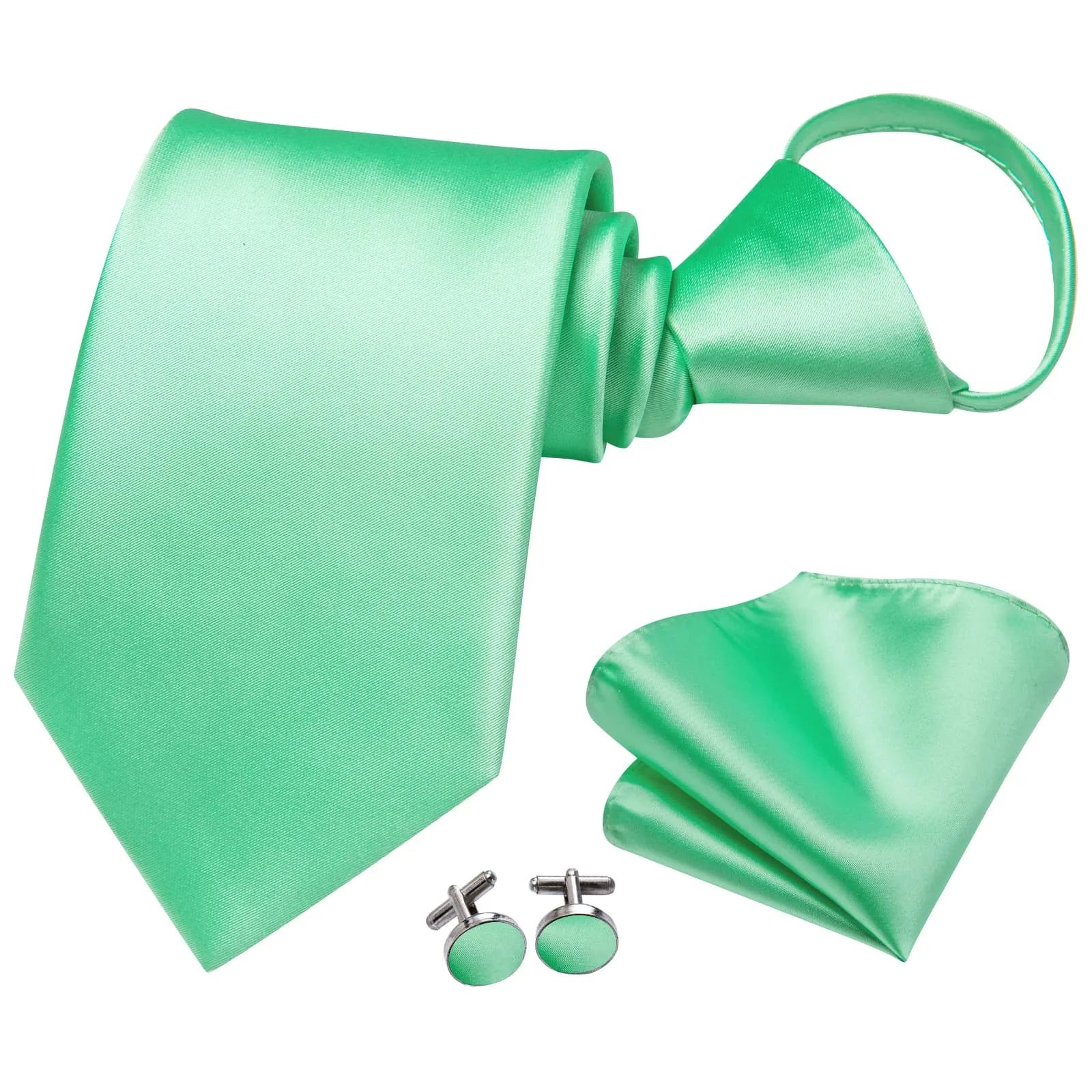 Hi-Tie Easy to Wear Necktie Men's Mint Green Solid Tie Hanky Cufflinks Set