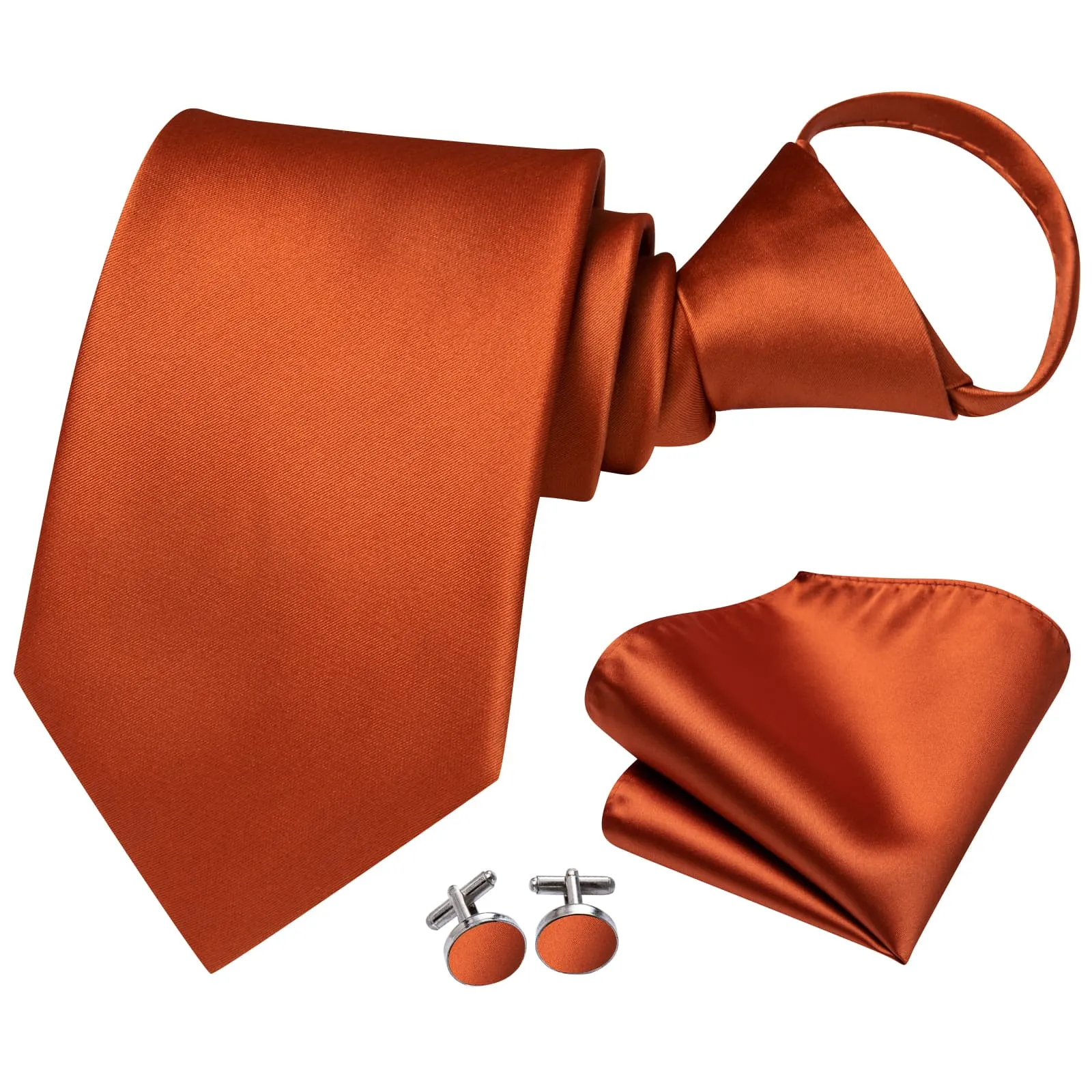 Hi-Tie Easy to Wear Necktie Men's Orange Solid Tie Hanky Cufflinks Set