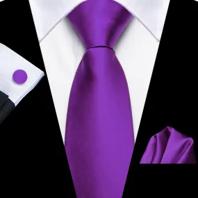 Hi-Tie Easy to Wear Necktie Men's Purple Solid Tie Hanky Cufflinks Set