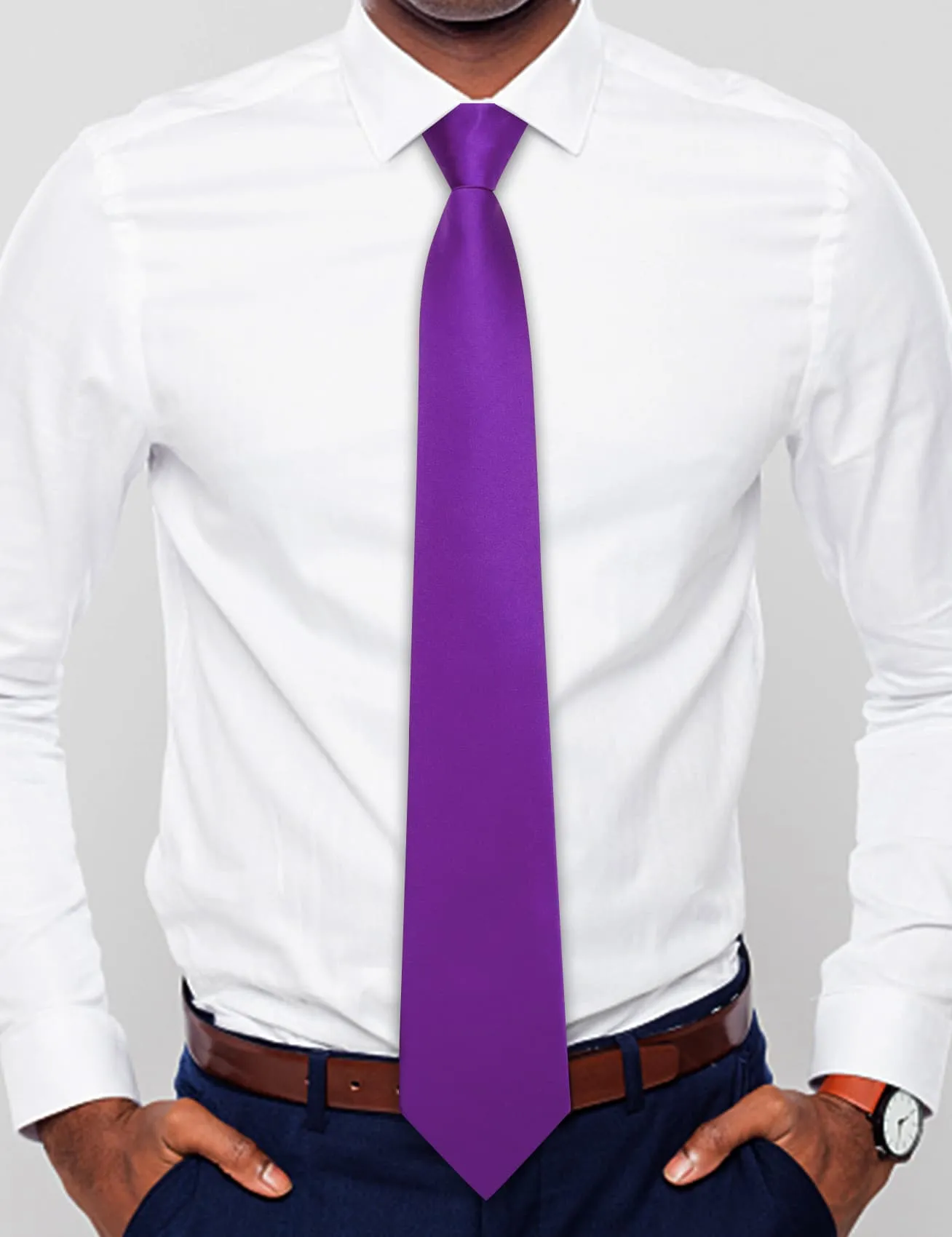 Hi-Tie Easy to Wear Necktie Men's Purple Solid Tie Hanky Cufflinks Set