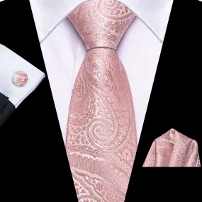 Hi-Tie Light Pink Tie Easy to Wear Paisley Necktie Hanky Cufflinks Set