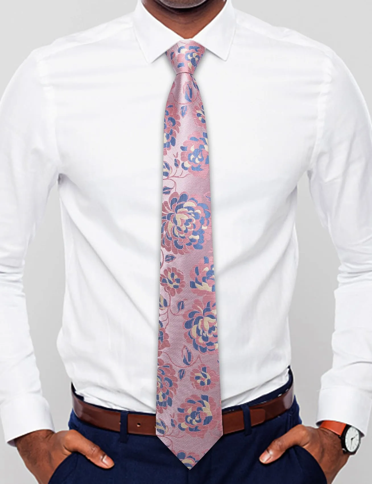 Hi-Tie Pink Tie Blue Floral Easy to Wear Necktie Hanky Cufflinks Set