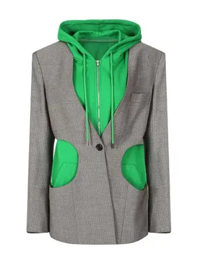 Hooded Abstract Patchwork Blazer with Cut Out Pocket Detail