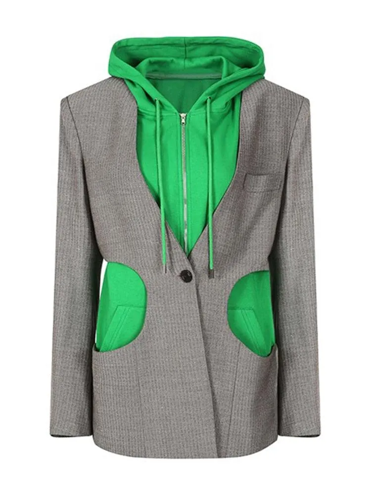 Hooded Abstract Patchwork Blazer with Cut Out Pocket Detail