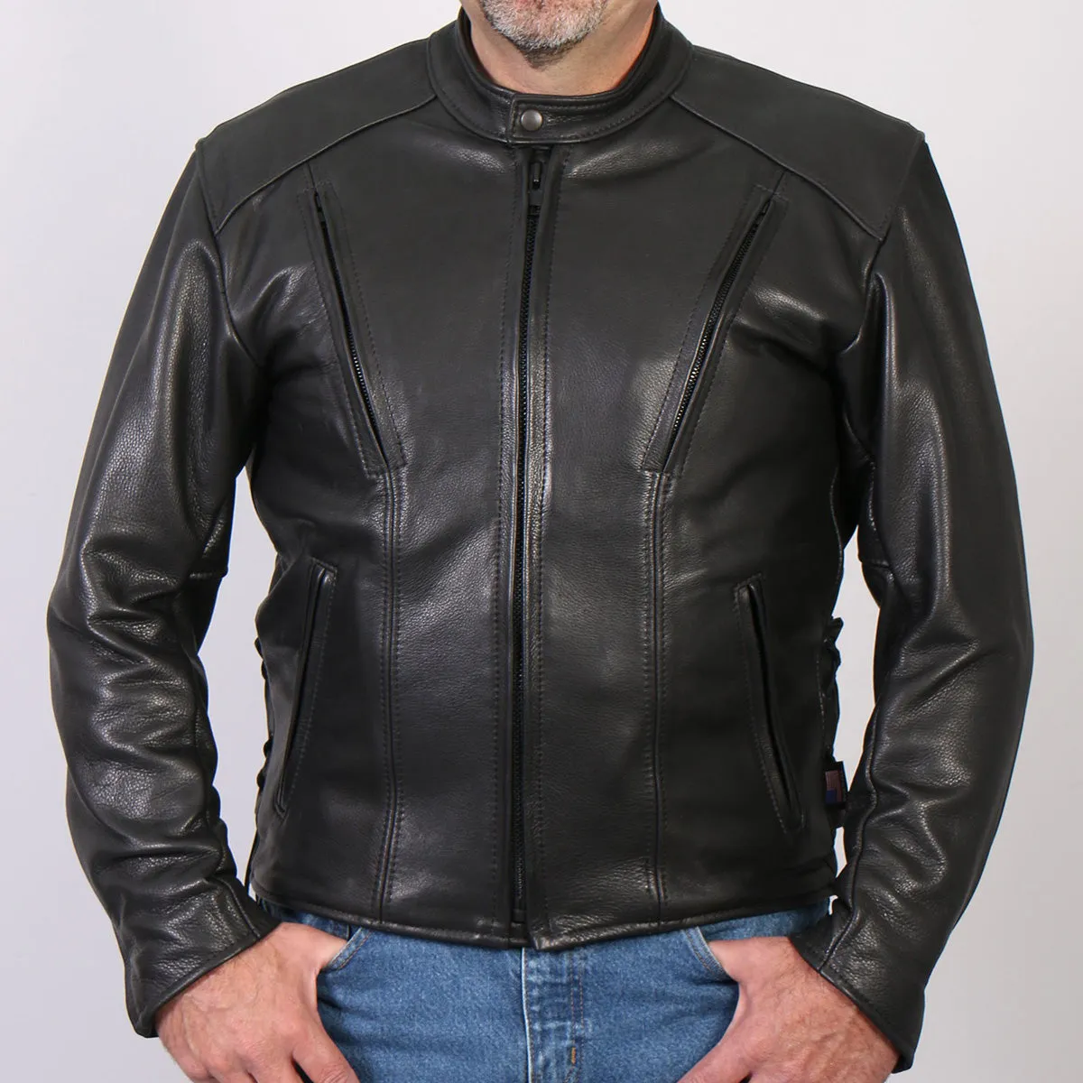 Hot Leathers JKM5002 USA Made Men's Black Vented Premium Leather Motorcycle Jacket with Side Lace