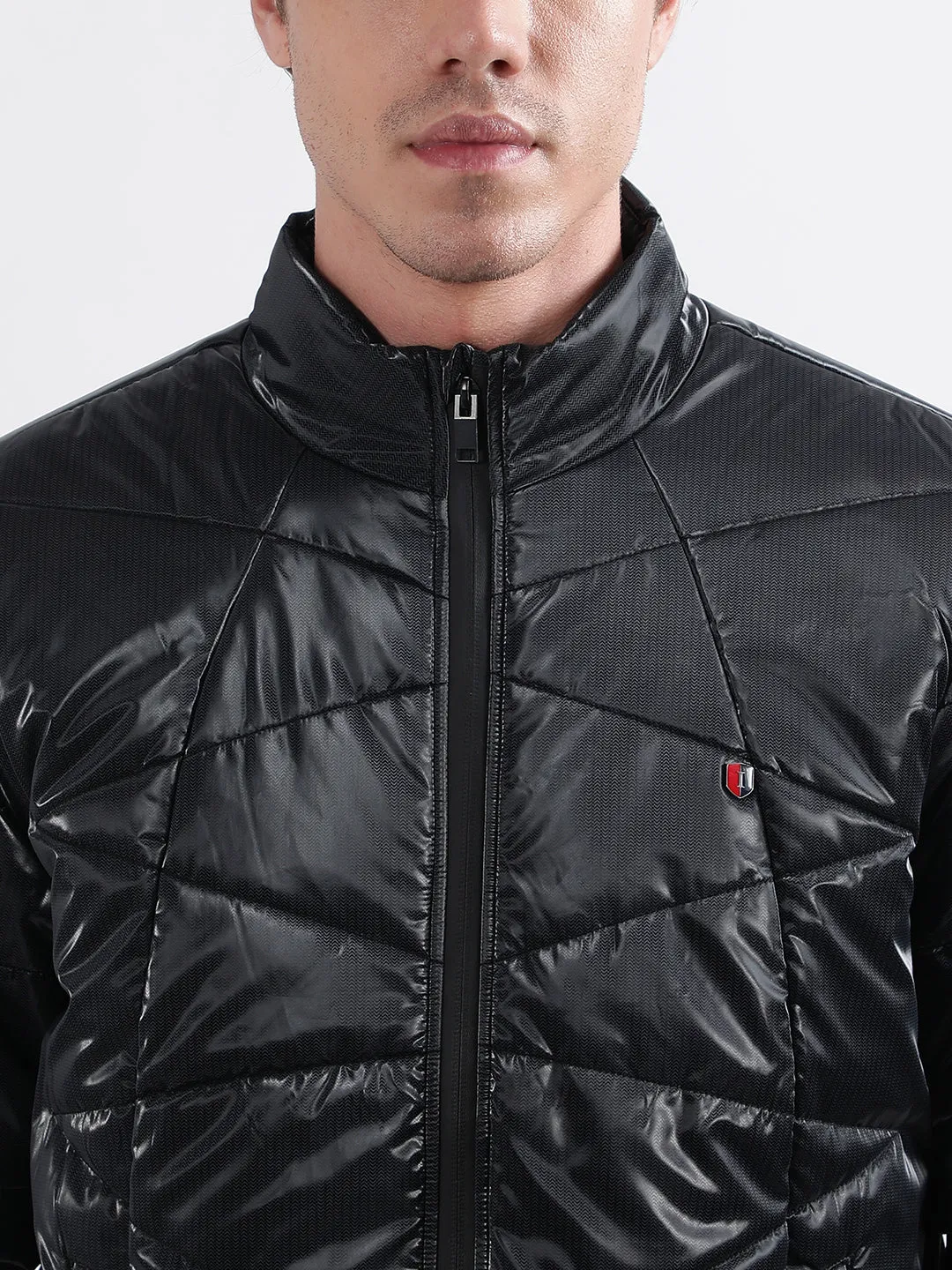 Iconic Men Black Solid Stand Collar Full Sleeves Quilted Jacket