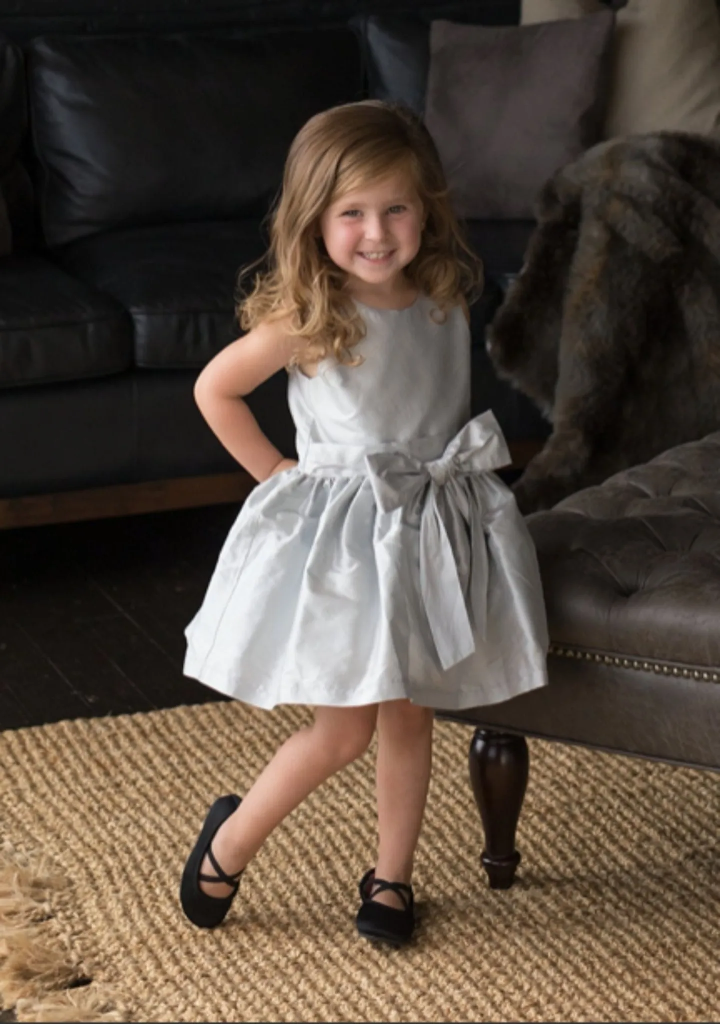 Isobella and Chloe Silver Bow Silk Dress - Infant to Youth size