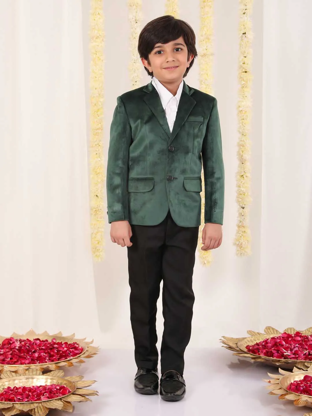 Jashvi Boy's Green Velvet Blazer