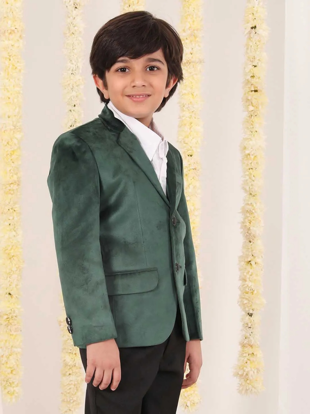 Jashvi Boy's Green Velvet Blazer