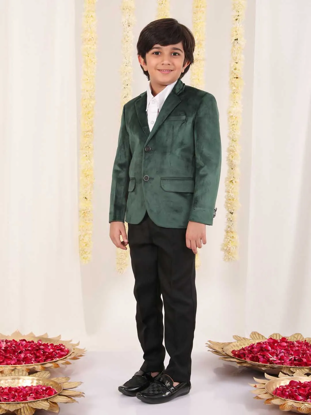 Jashvi Boy's Green Velvet Blazer