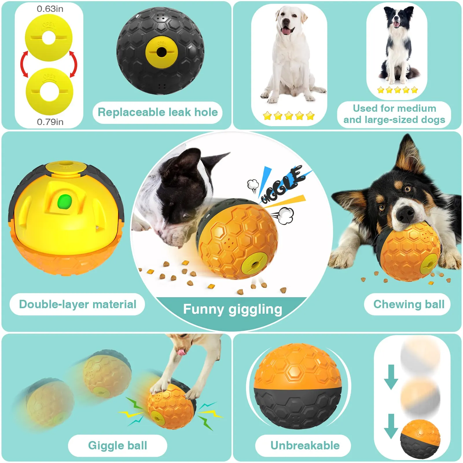 KADTC Dog Puzzles Balls-Adjustable Food Dispensing Treat Dispenser Feeding Puzzle Feeder Toy Wobble Wag Talking Giggle Squeaky Puppy Chew Rubber Ball for Small/Medium/Large Aggressive Chewers Dogs