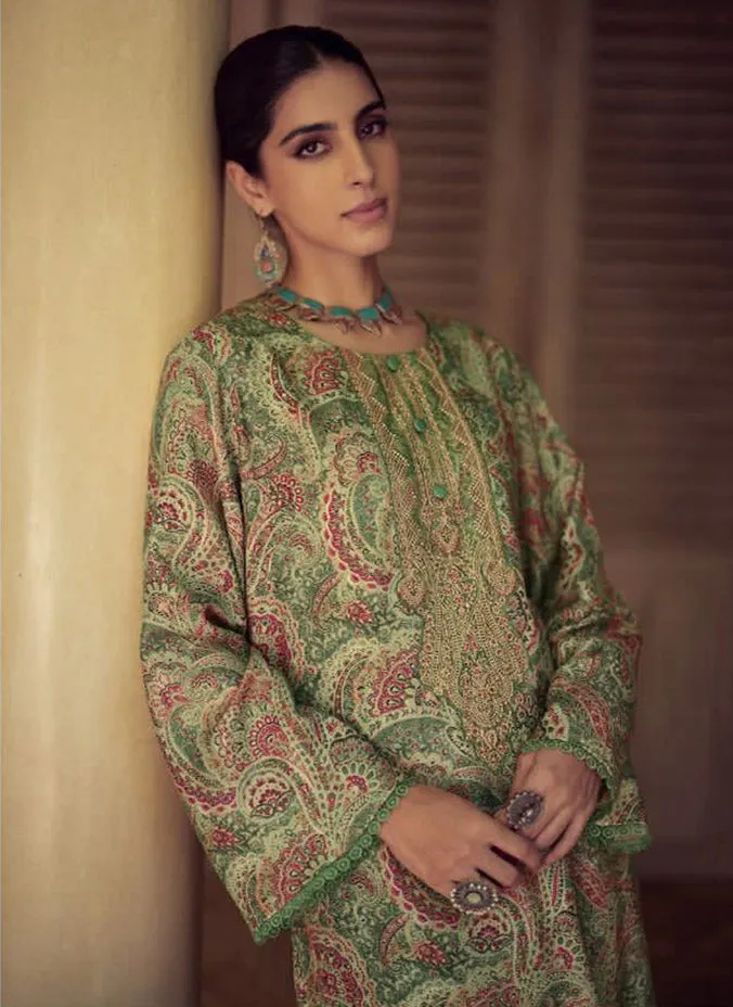 Kesar Pure Pashmina Green Winter Suit Dress Material with Embroidery