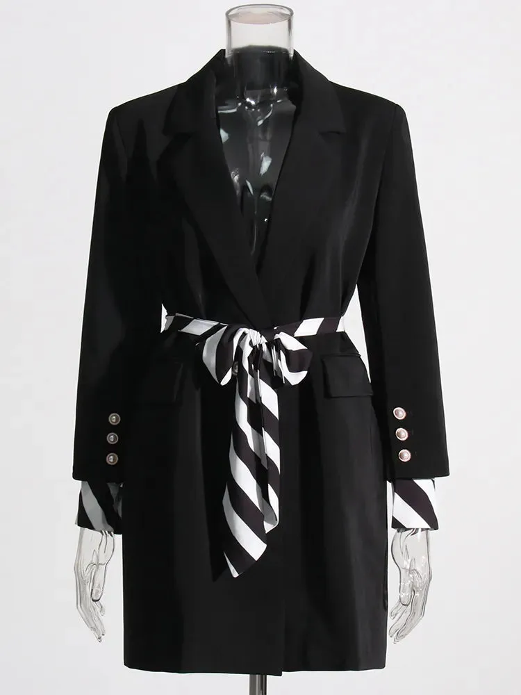 Korean Fashion Blazer For Women Notched Collar Long Sleeve Solid Minimalsit Blazers With Striped Belt Female Autumn