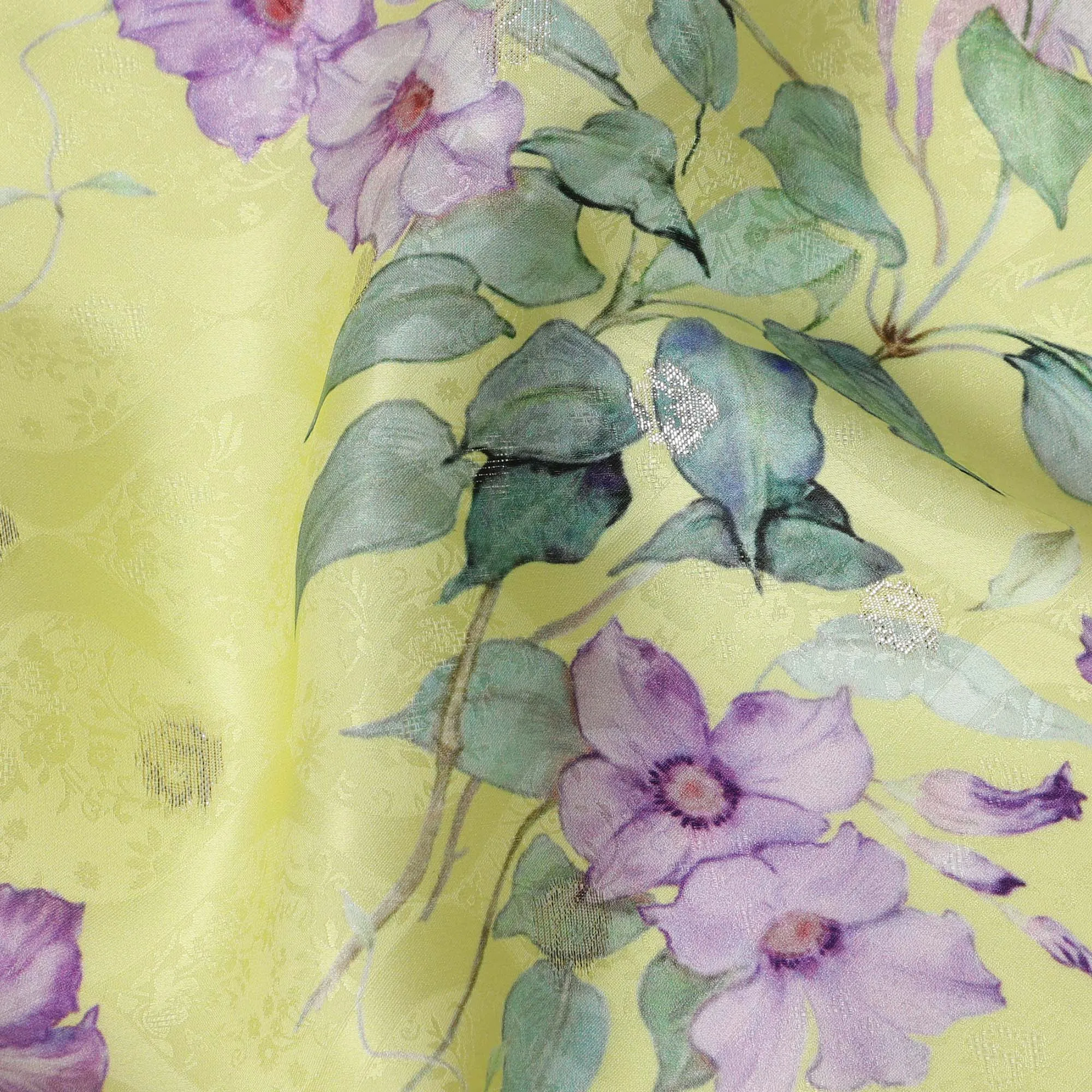 Lemon Yellow Floral Silk Satin Fabric with Metallic Accents, Width 140 cm, South Korea-D21285